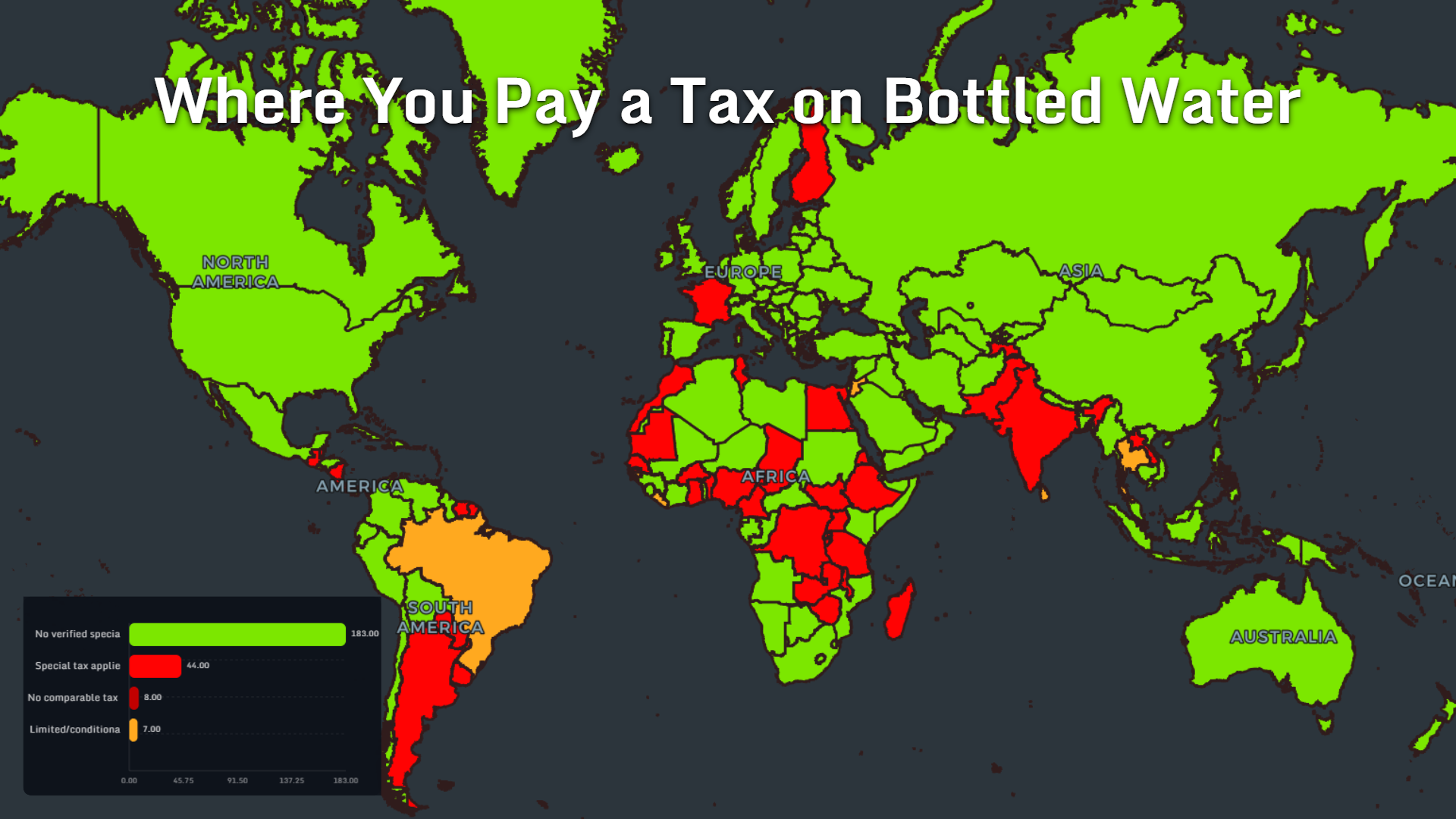 World map showing where bottled water is subject to special taxation