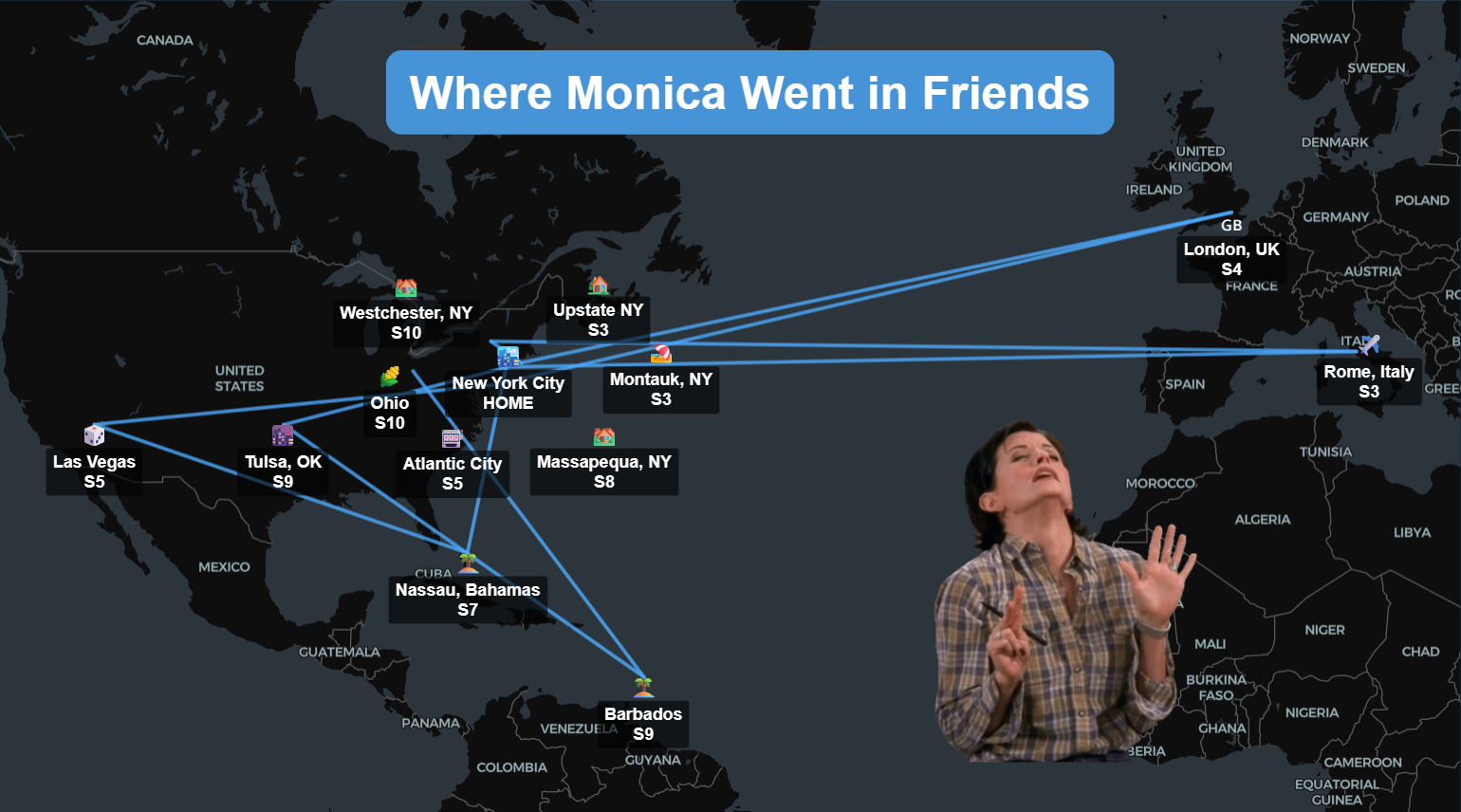 Map showing Monica's travel destinations in Friends including Rome, London, Barbados, Las Vegas and New York locations