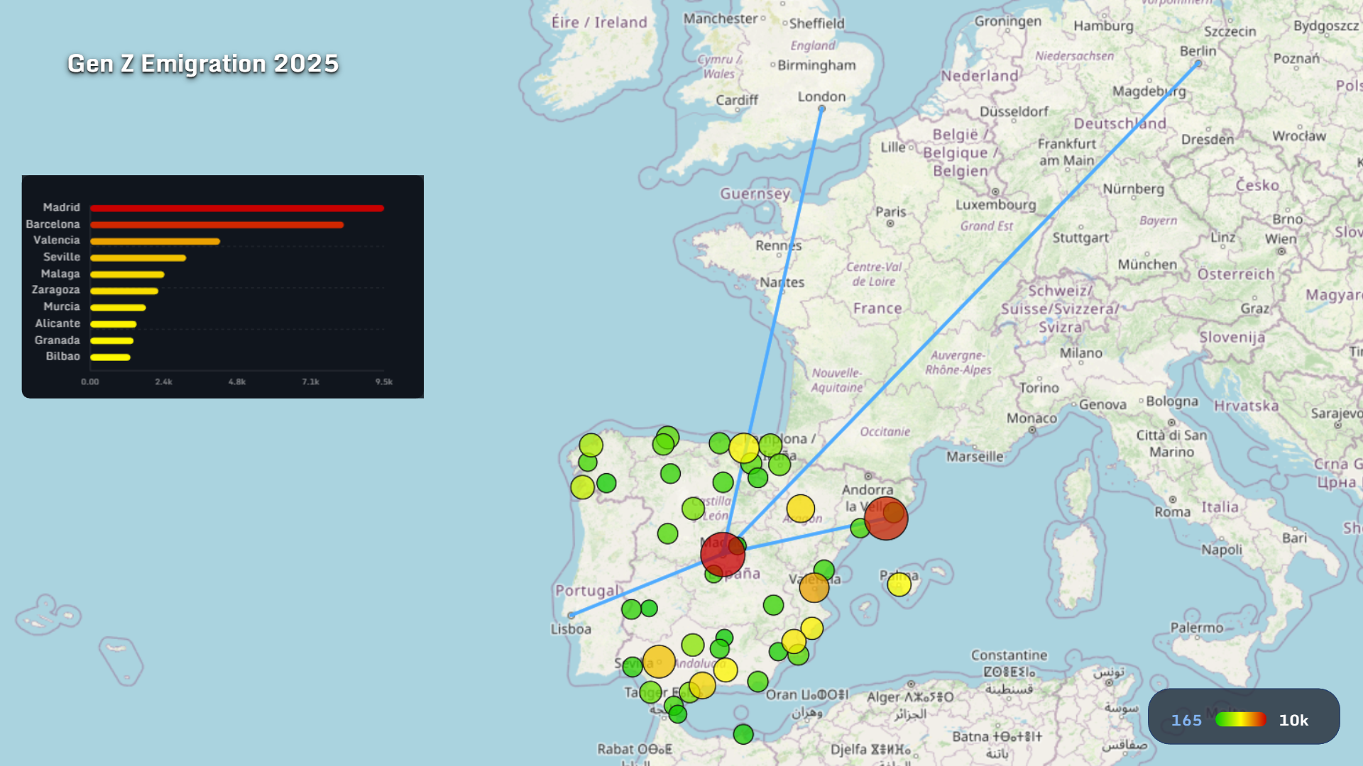Gen Z emigration from Spanish cities 2025
