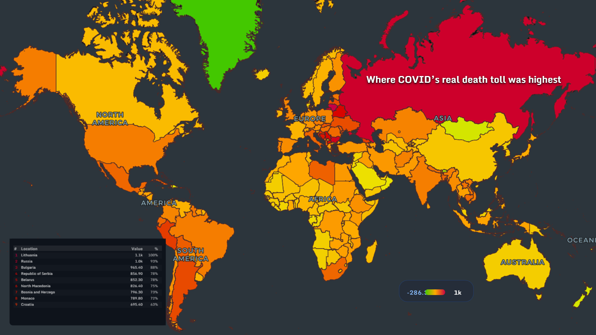 World map showing where COVID real death toll was highest