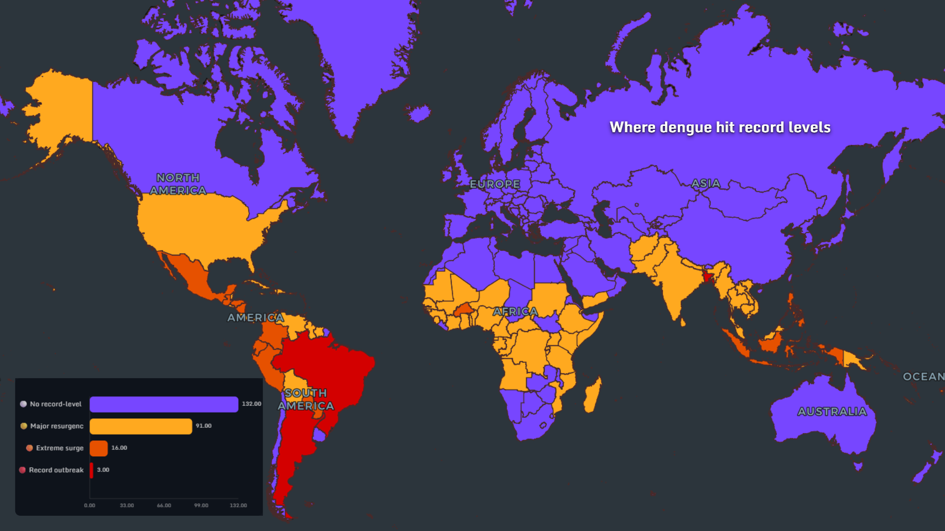 World map showing where dengue hit record levels