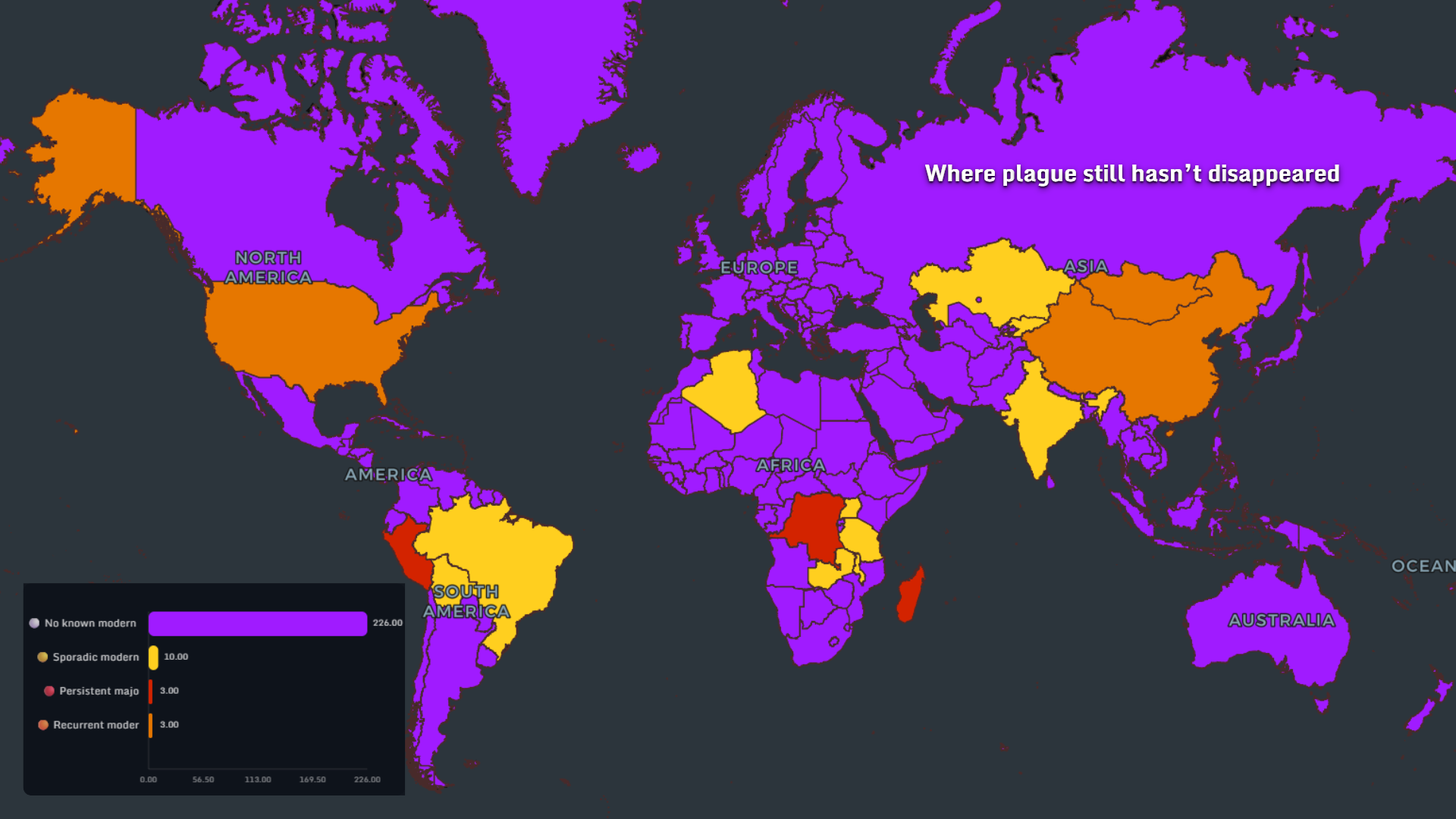 World map showing where plague still has not disappeared in the modern world