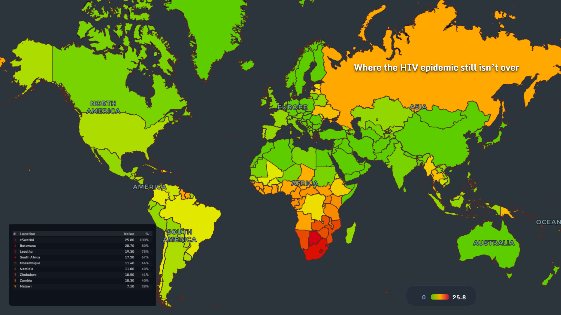 World map showing where the HIV epidemic still is not over