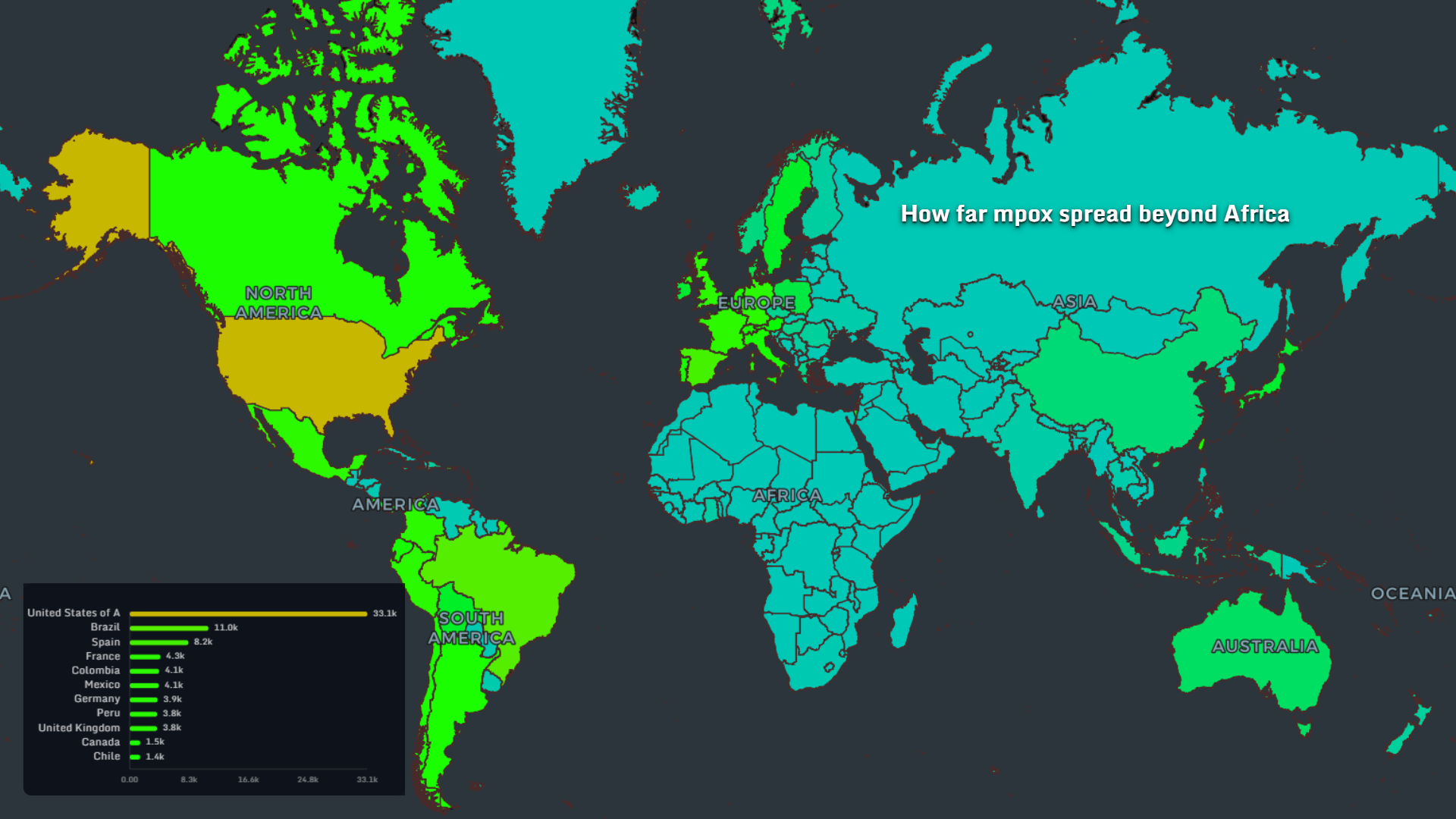 World map showing how far mpox spread beyond Africa