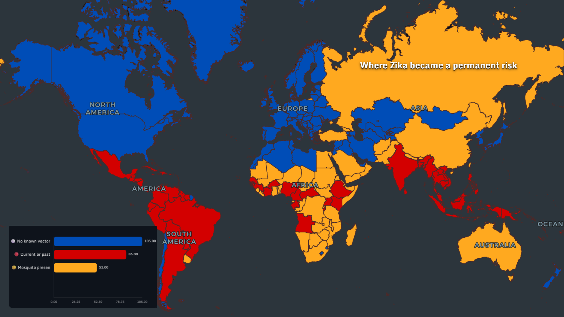 World map showing where Zika became a permanent risk