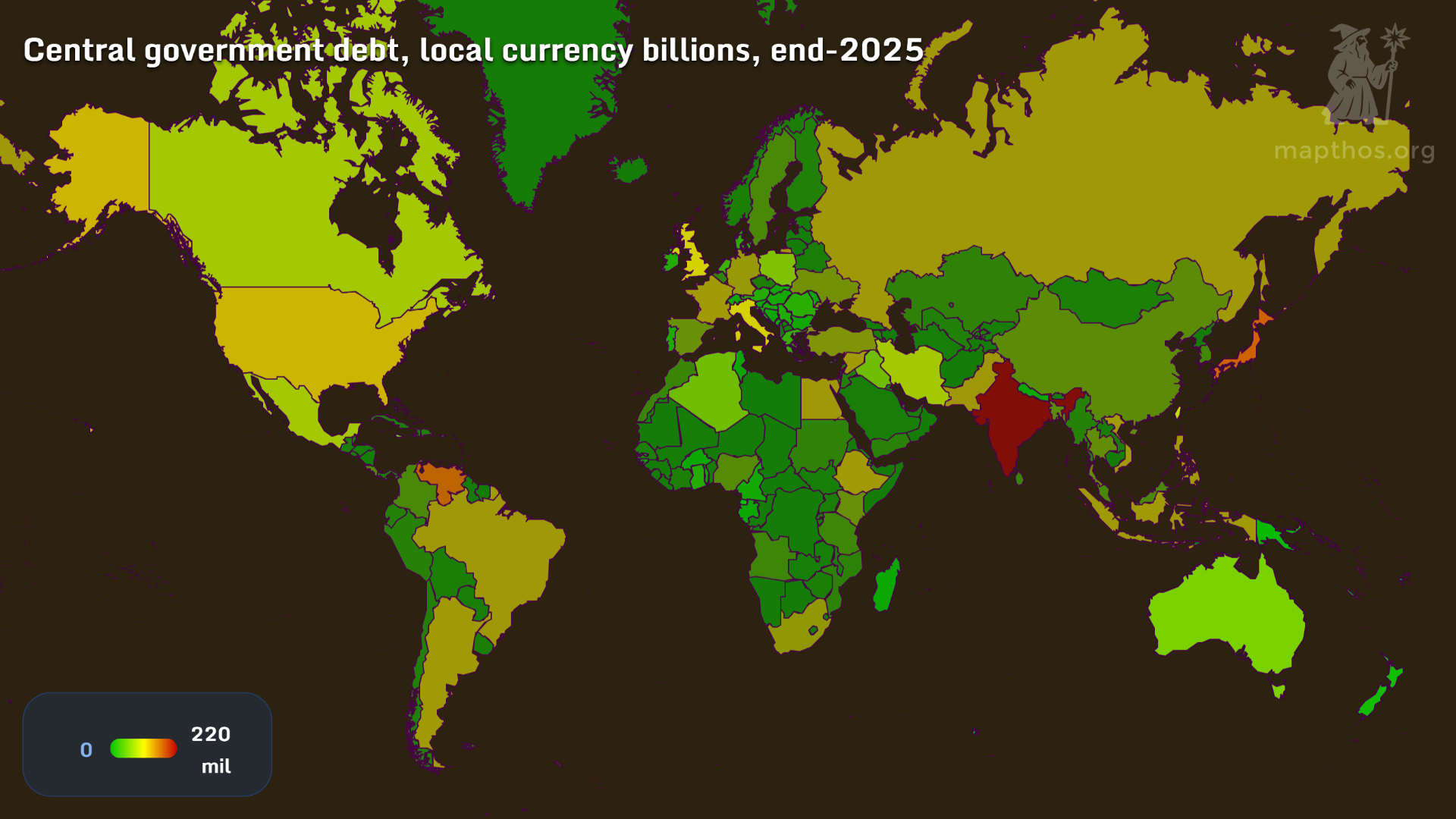 Map showing total central government debt in local currency, 2025