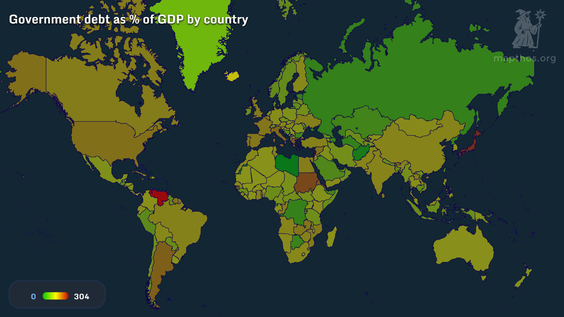 Map showing government debt as percentage of GDP, 2025
