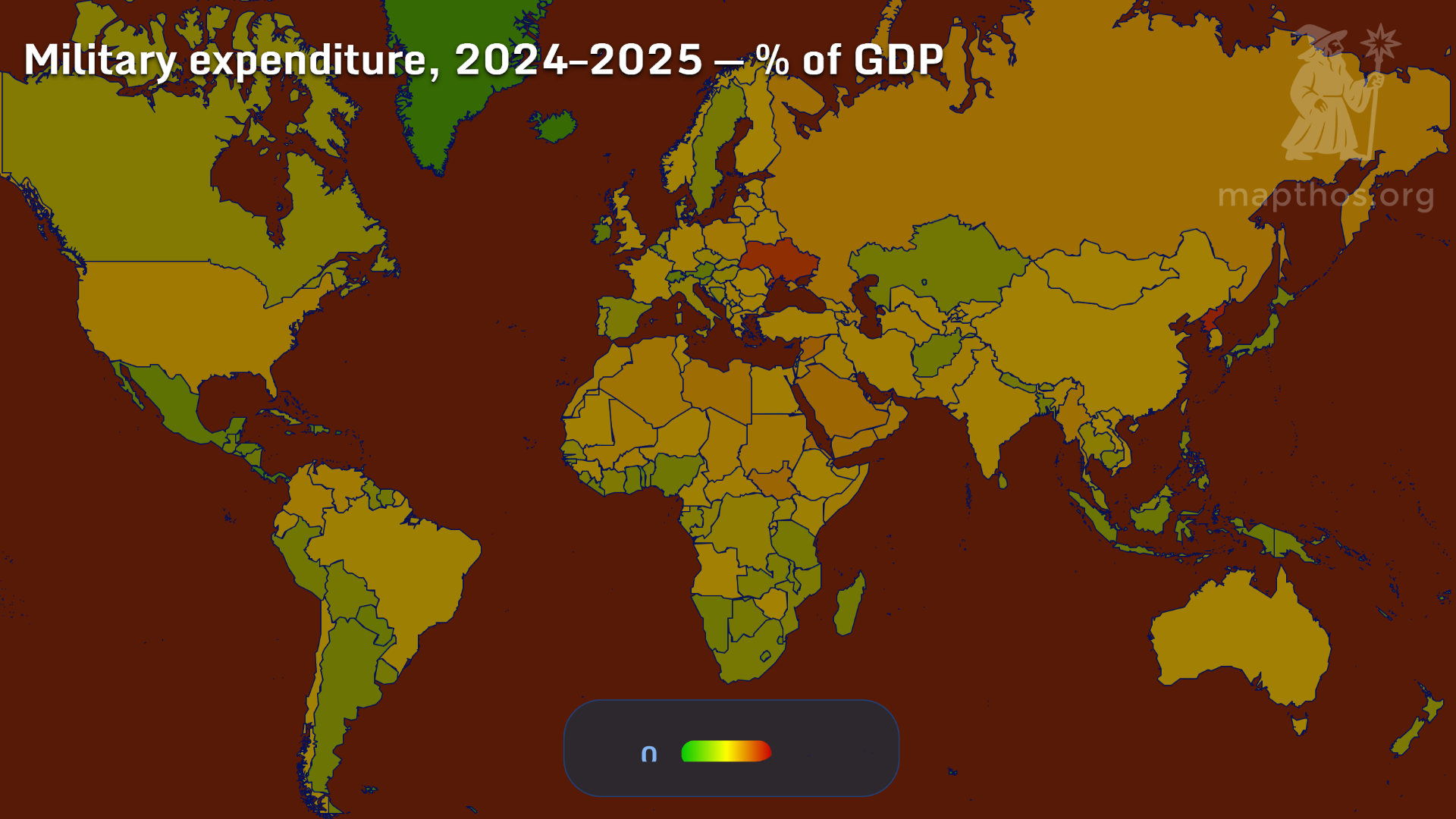 Map showing military expenditure as percentage of GDP, 2024–2025