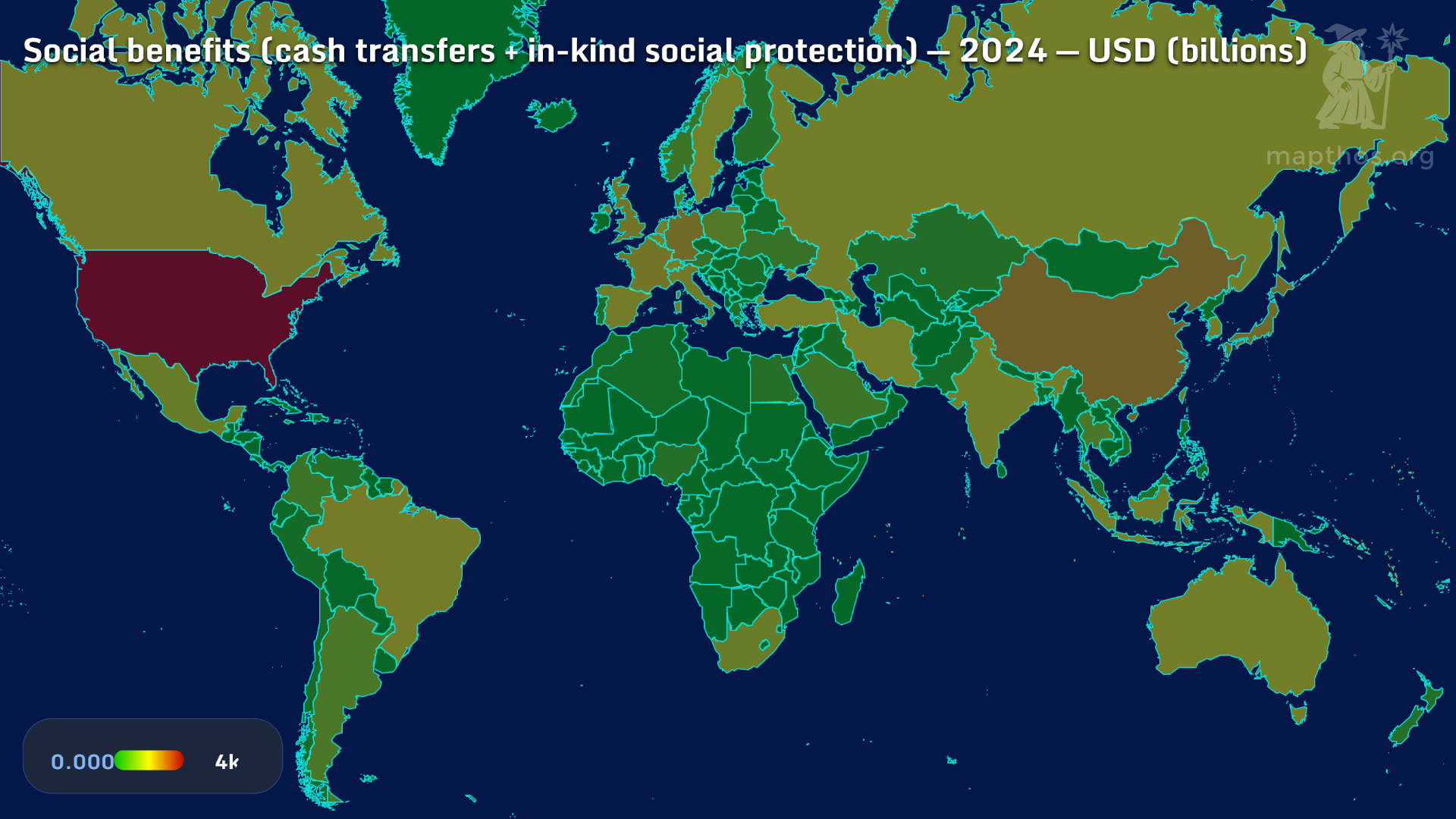 Map showing total social benefits spending in USD billions, 2024