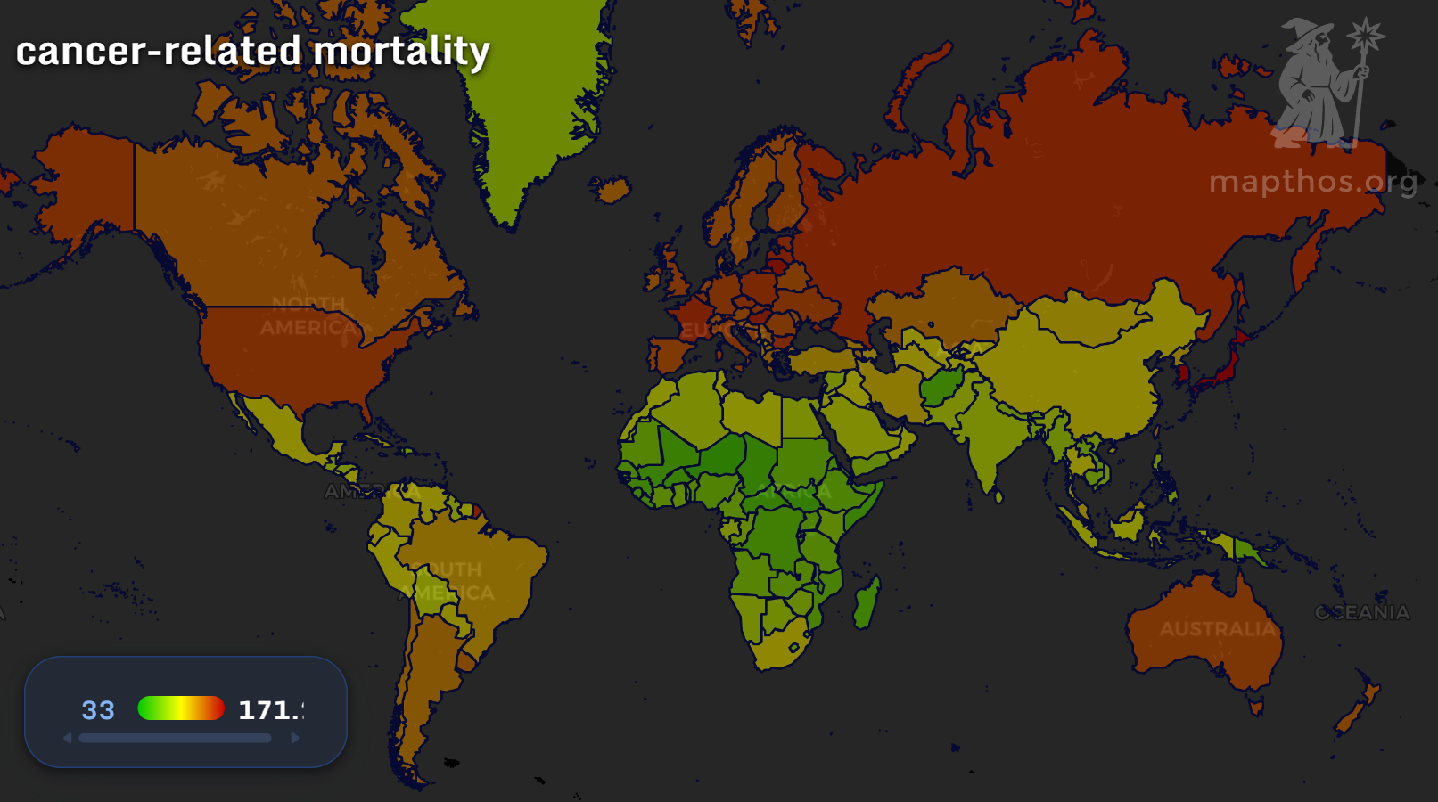 Map showing global cancer-related mortality rates