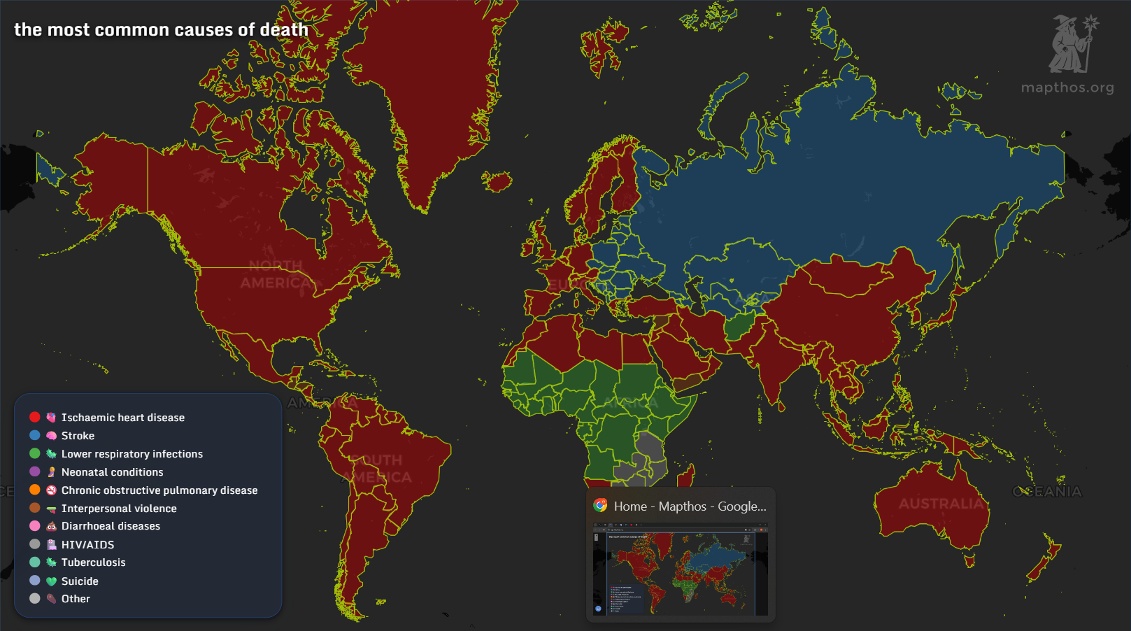 Map showing the most common causes of death by country in 2025