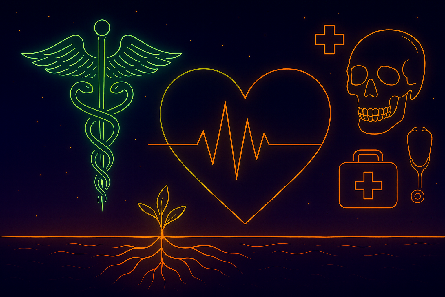 Futuristic neon illustration of global health symbols including a caduceus, heart, and medical skull glowing over a dark horizon