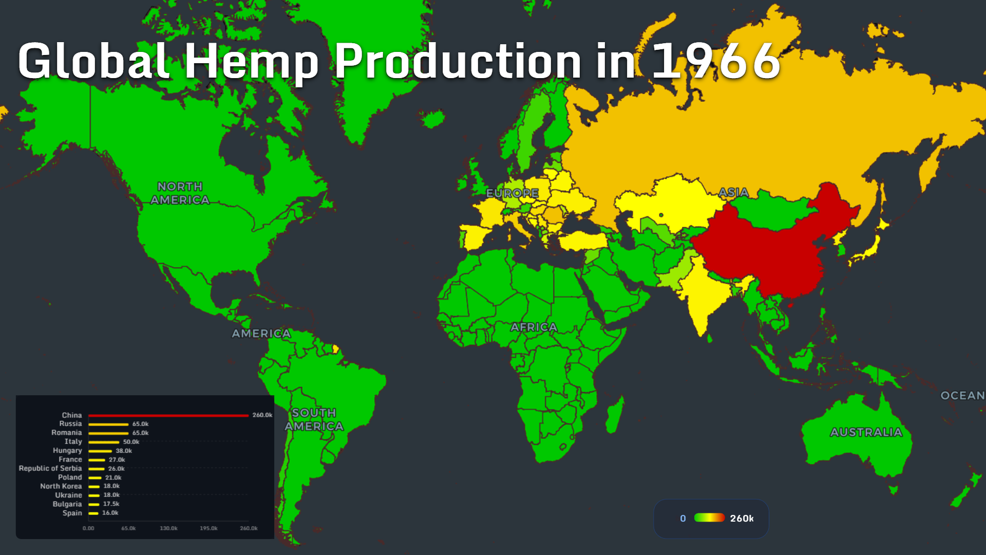 World map of global hemp production in 1966 by country