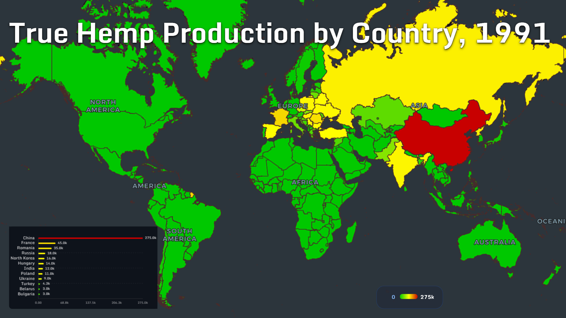 World map showing true hemp production by country in 1991
