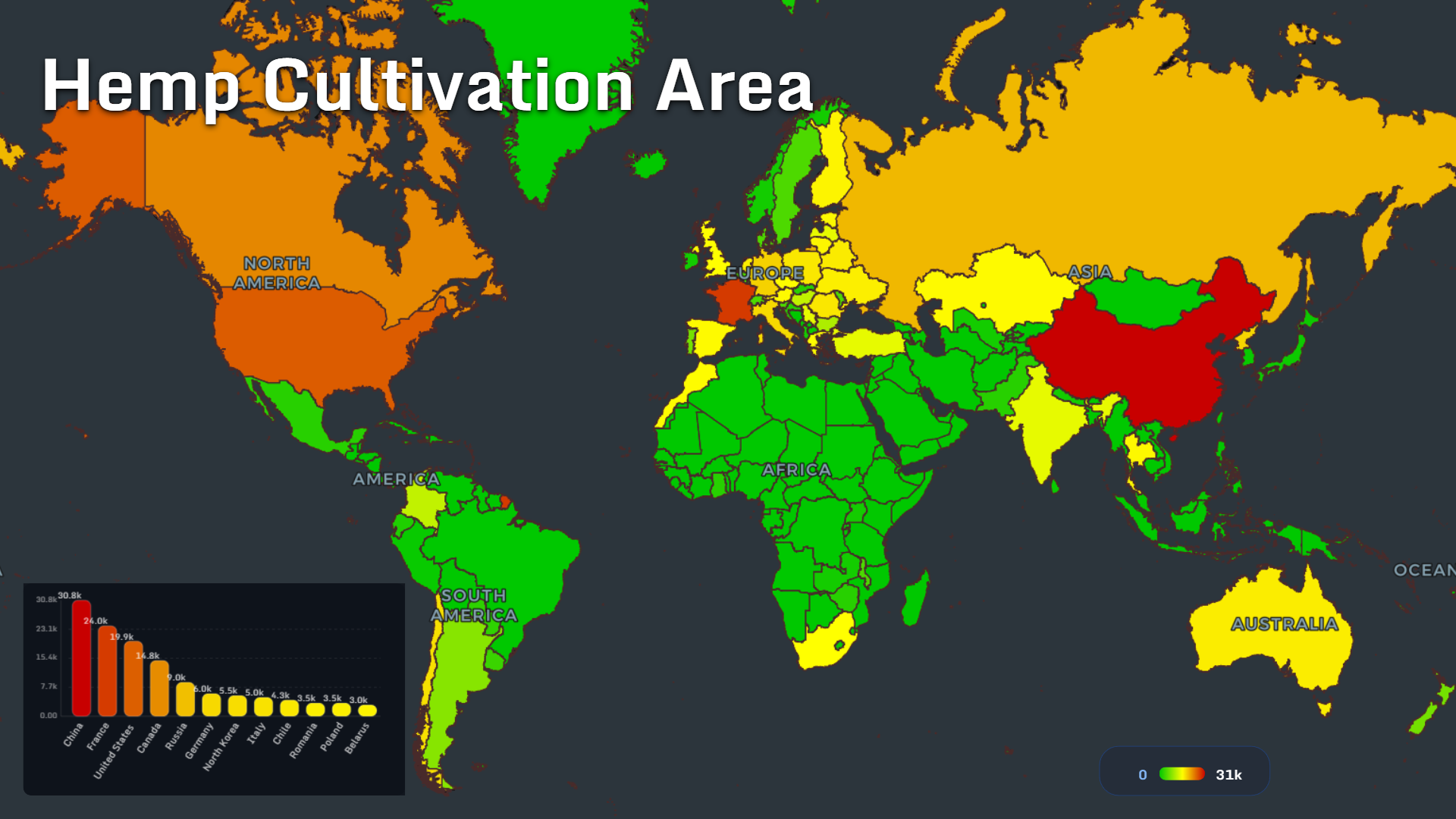 World map showing hemp cultivation area by country