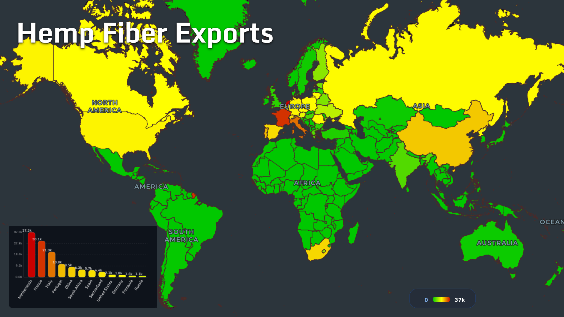 World map showing hemp fiber exports by country
