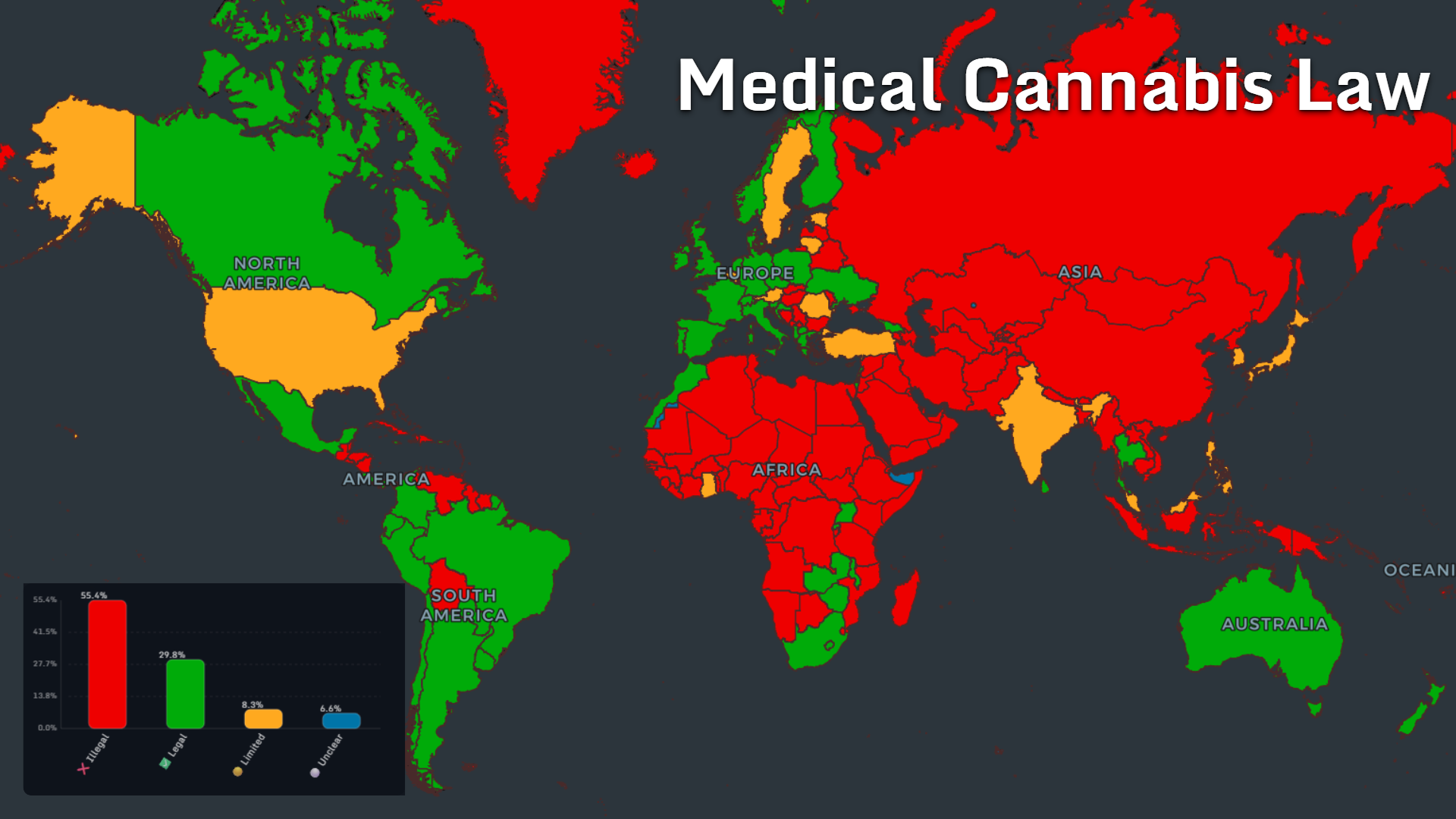 World map of medical cannabis law status by country