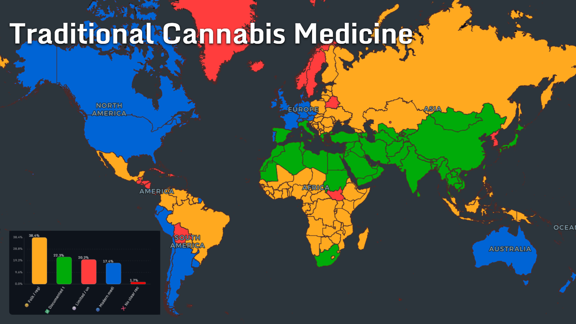World map showing traditional cannabis medicine categories by country