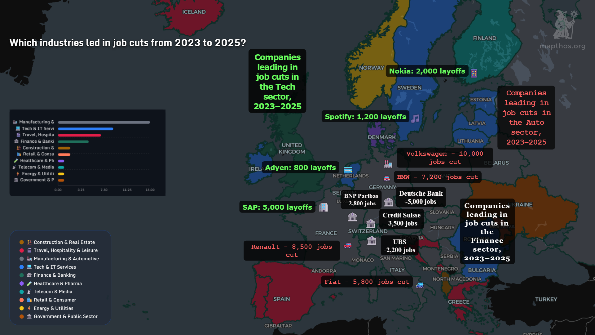Europe job cuts map 2023–2025 tech auto finance
