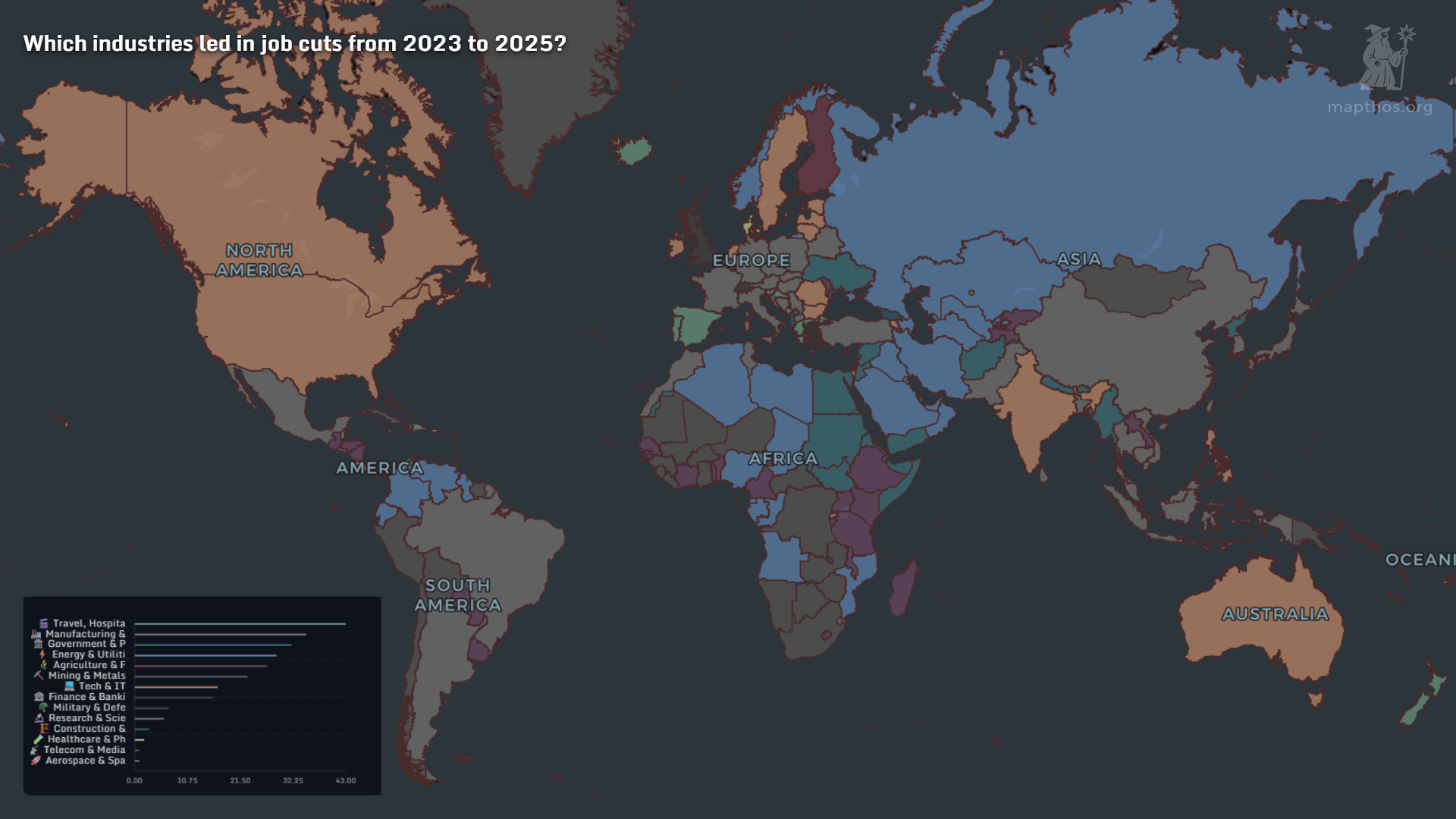 World map of industries leading job cuts 2023–2025