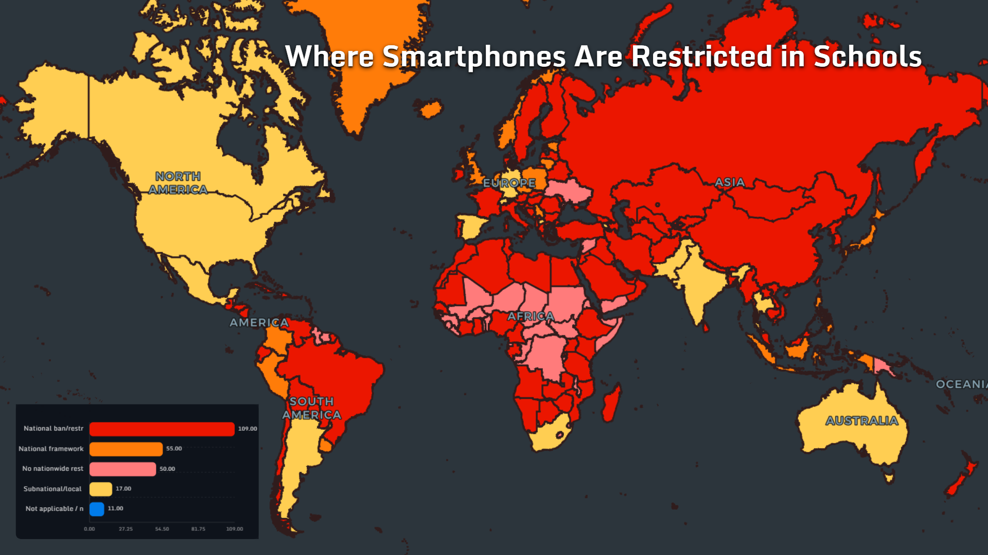 World map showing national and local smartphone restrictions in schools