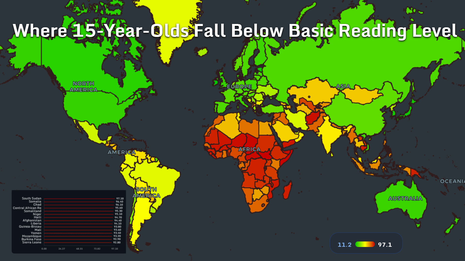 World map showing the share of 15-year-olds below basic reading proficiency