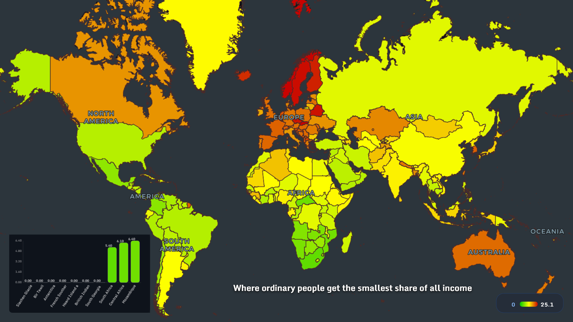 Map showing where ordinary people get the smallest share of all income