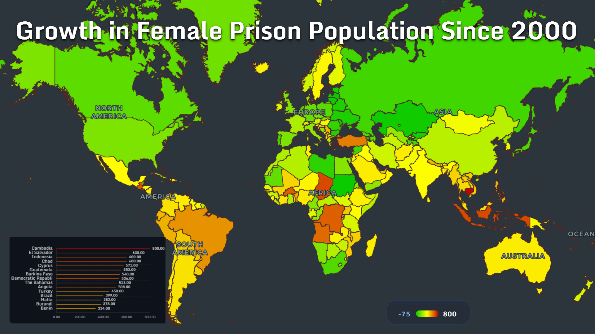 World map showing growth in female prison population since 2000 by country