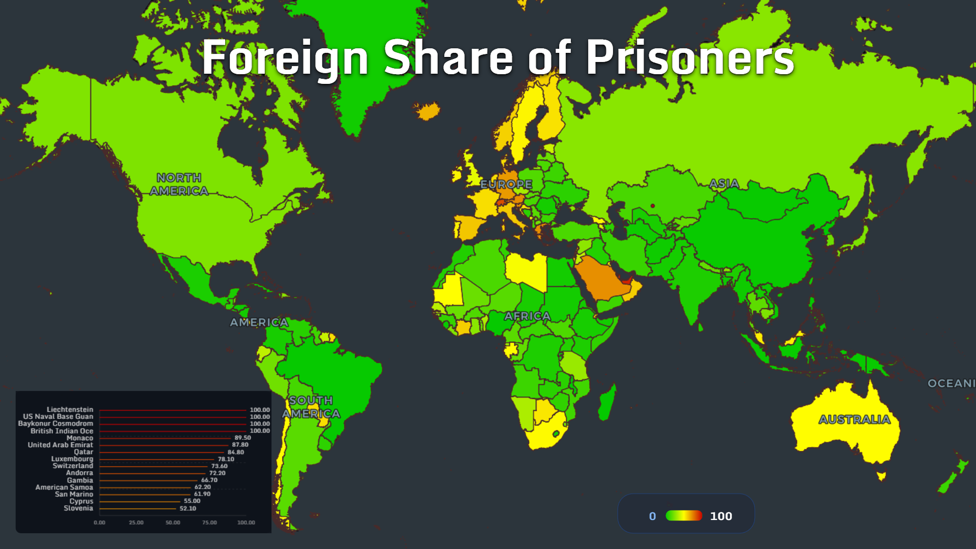 World map showing foreign share of prisoners by country and territory