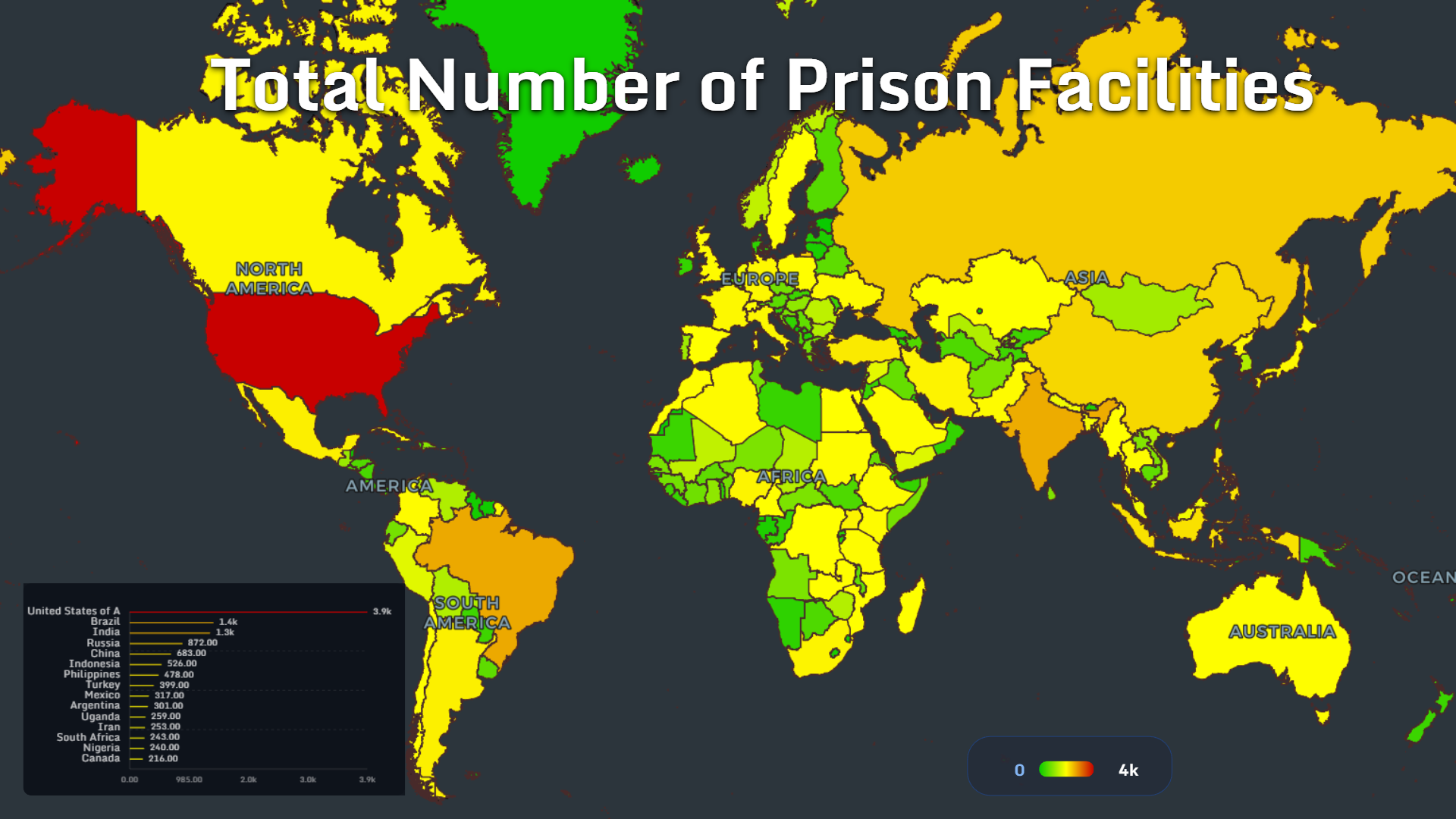 World map showing the total number of prison facilities by country