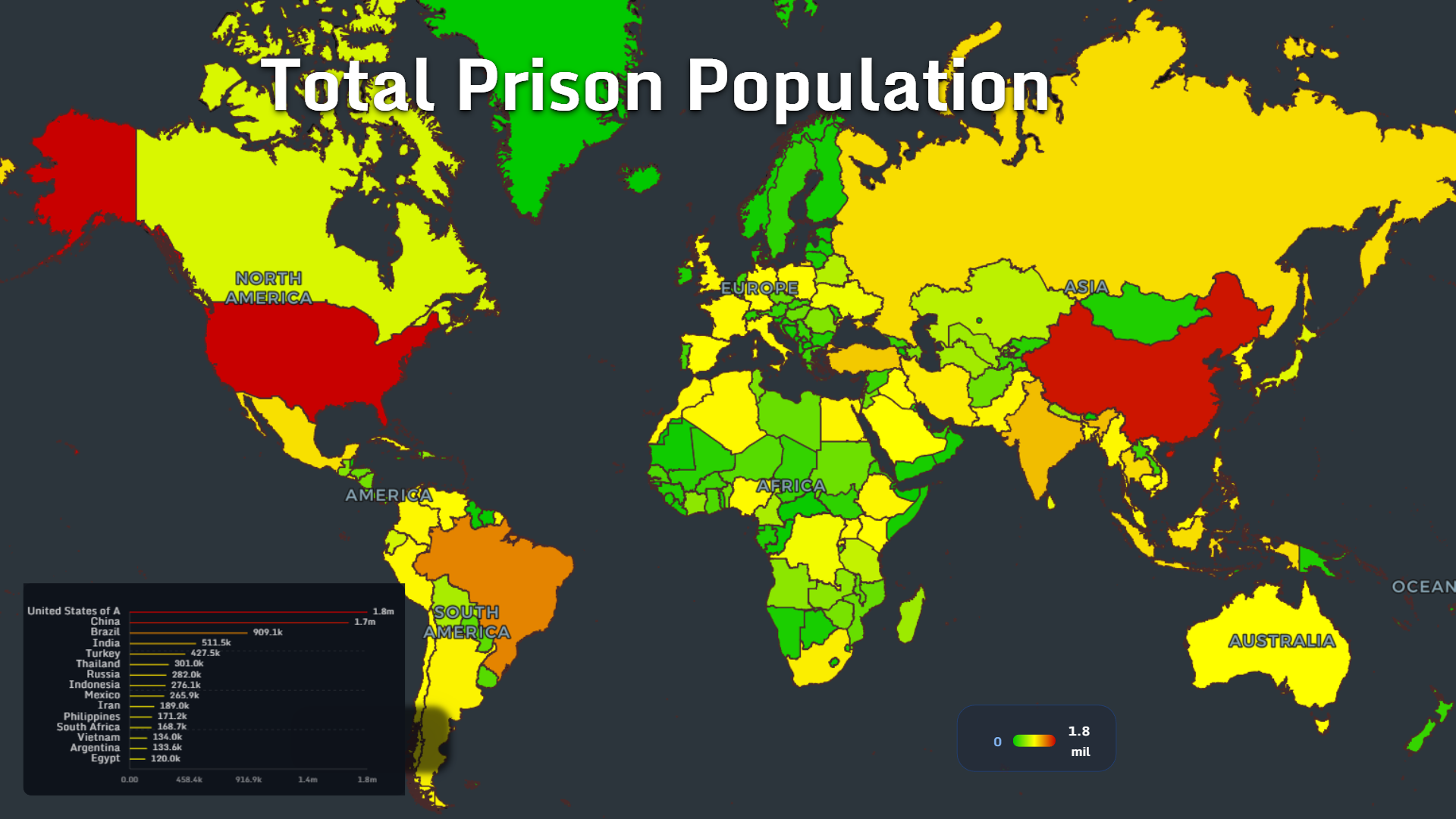 World map showing total prison population by country