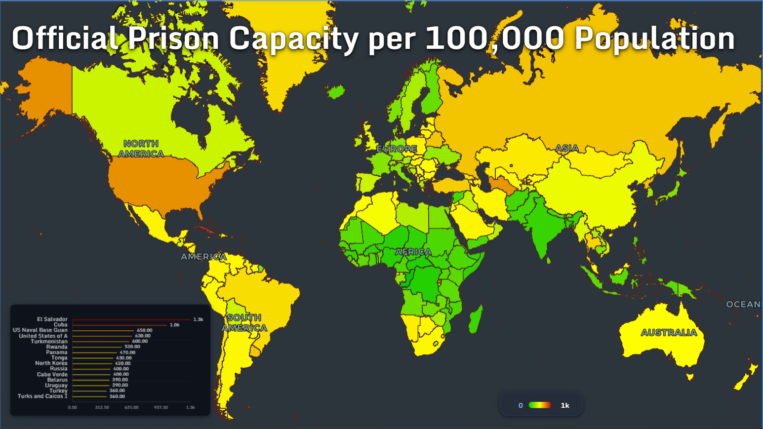 World map showing official prison capacity per 100,000 population