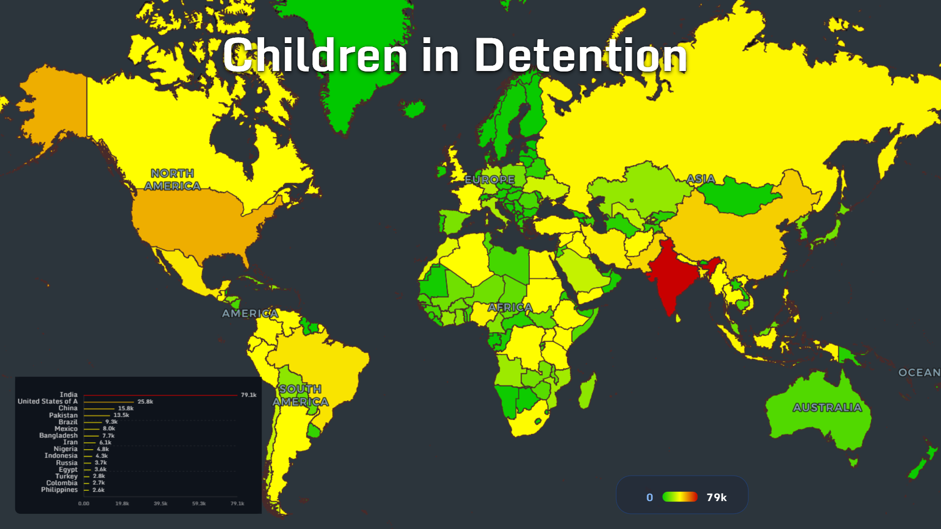 World map showing children in detention by country
