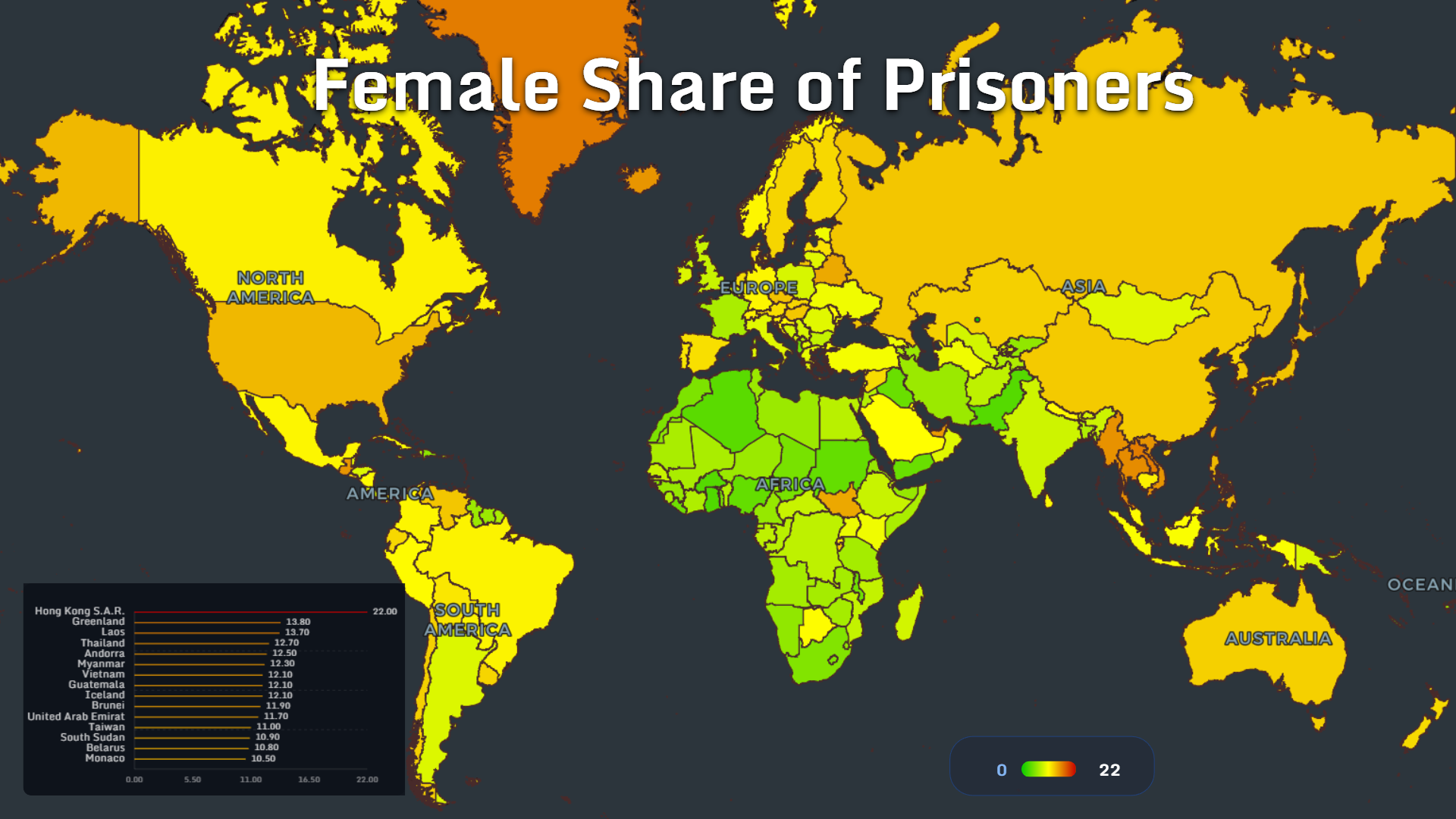 World map showing female share of prisoners by country