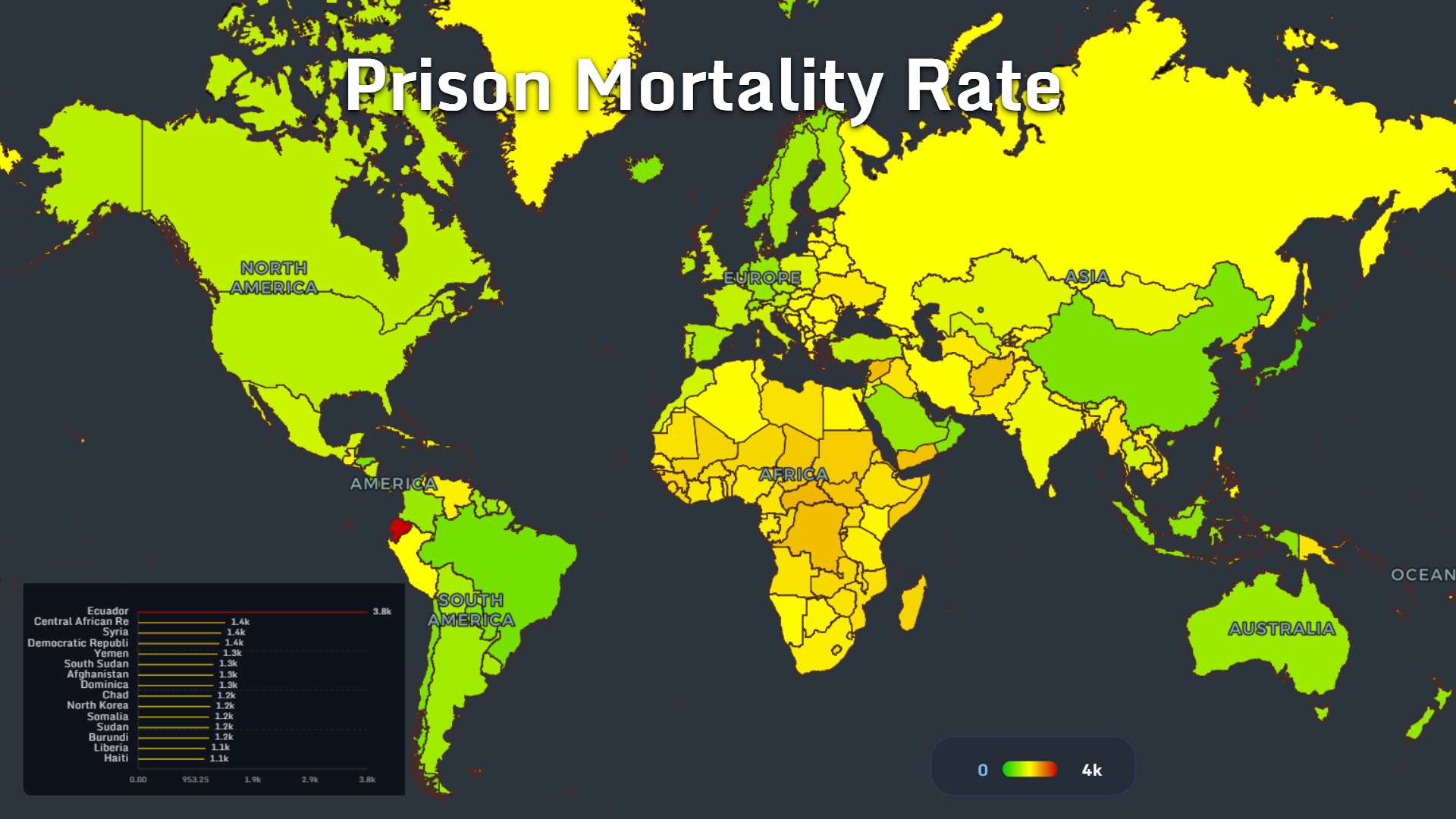 World map showing prison mortality rate by country