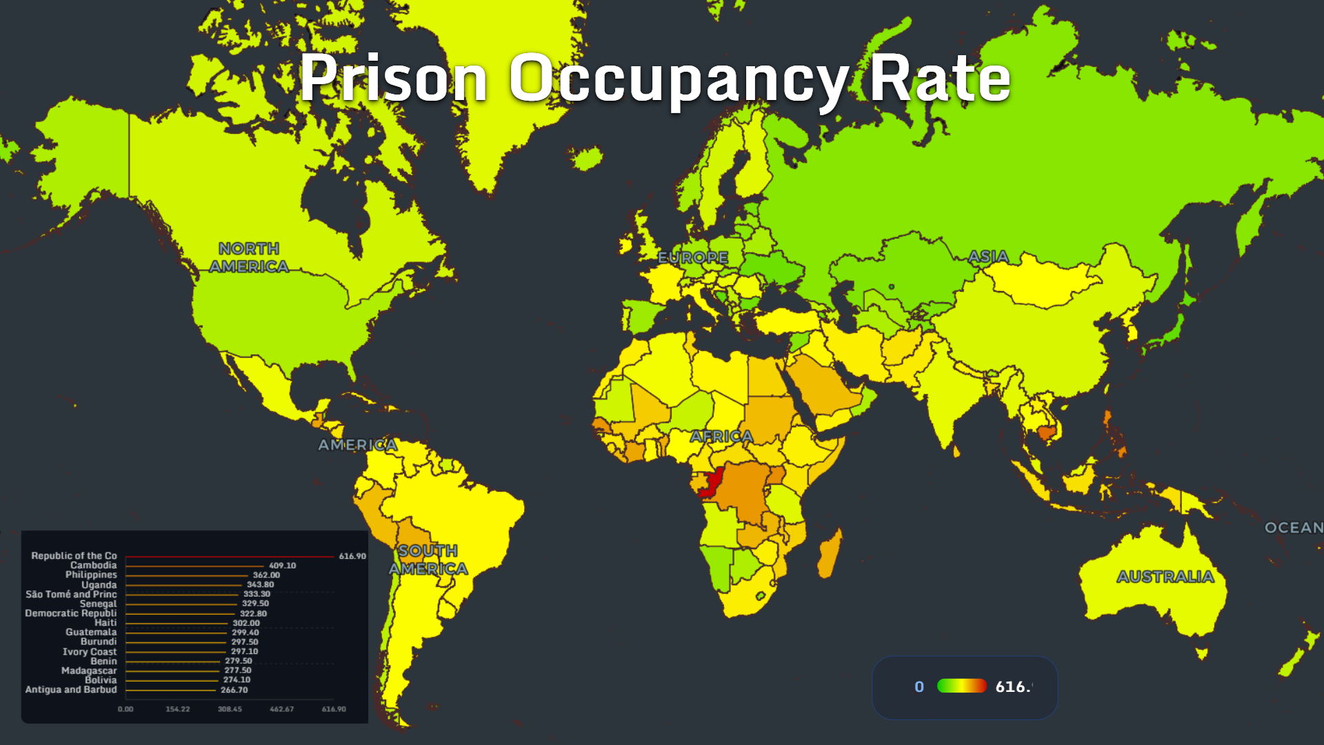 World map showing prison occupancy rate by country