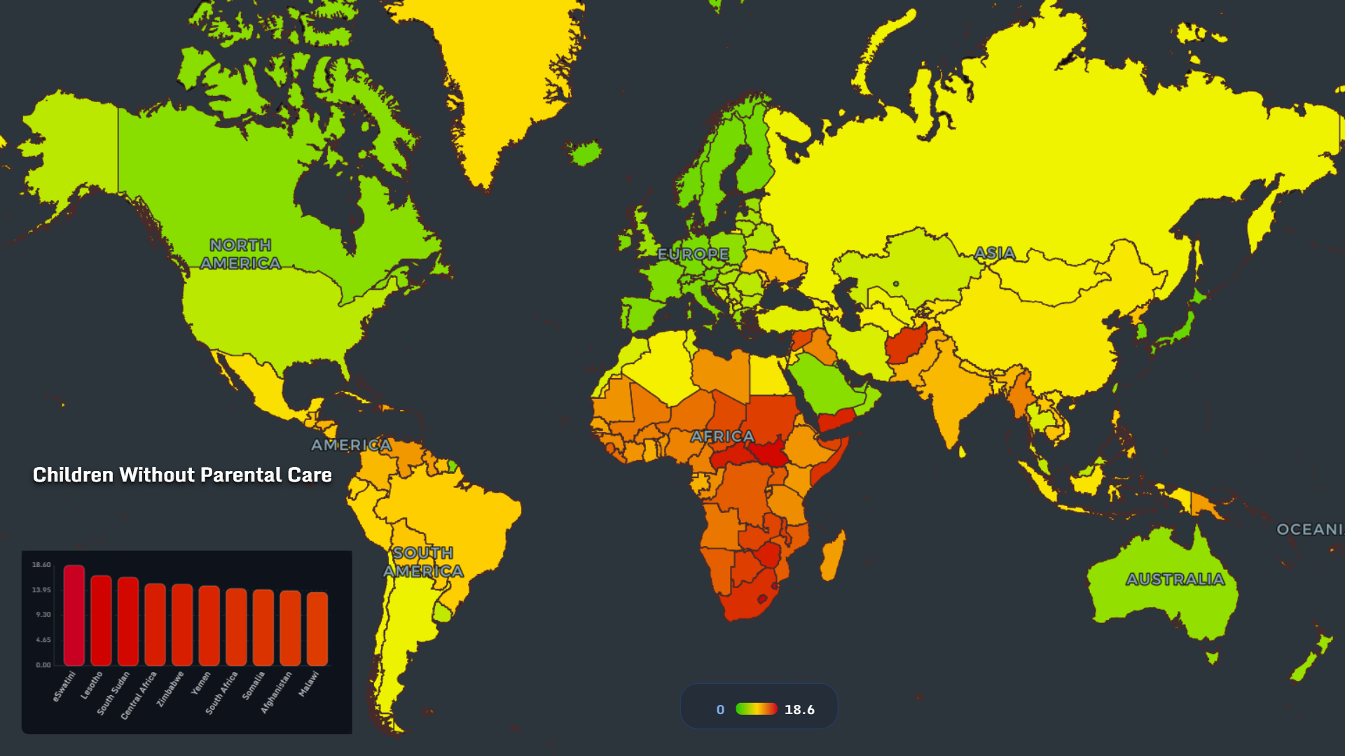 World map showing children without parental care by country