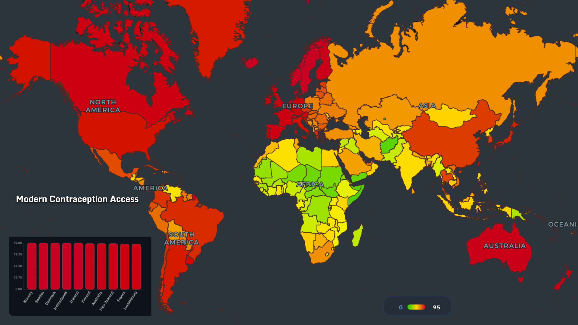 World map showing modern contraception access by country