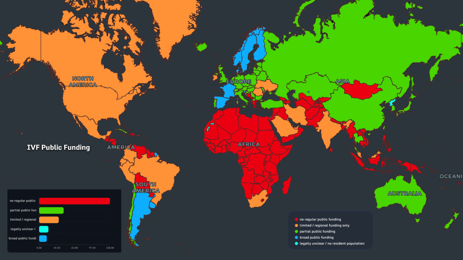 World map showing public IVF funding by country