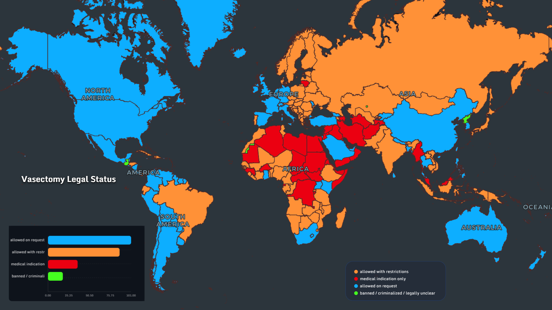 World map showing vasectomy legal status by country