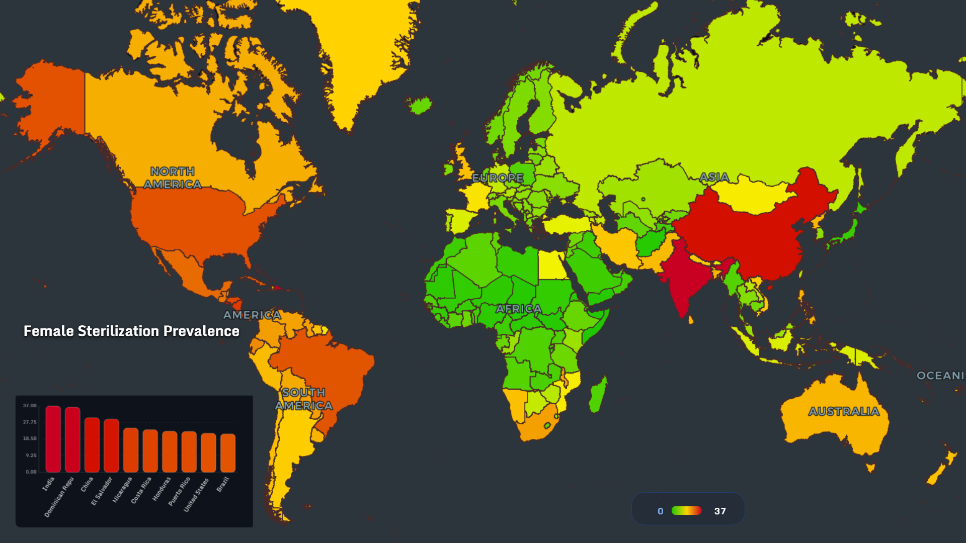 World map showing female sterilization prevalence by country