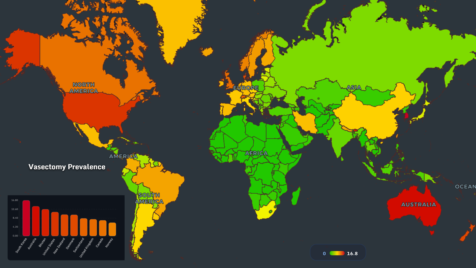 World map showing vasectomy prevalence by country