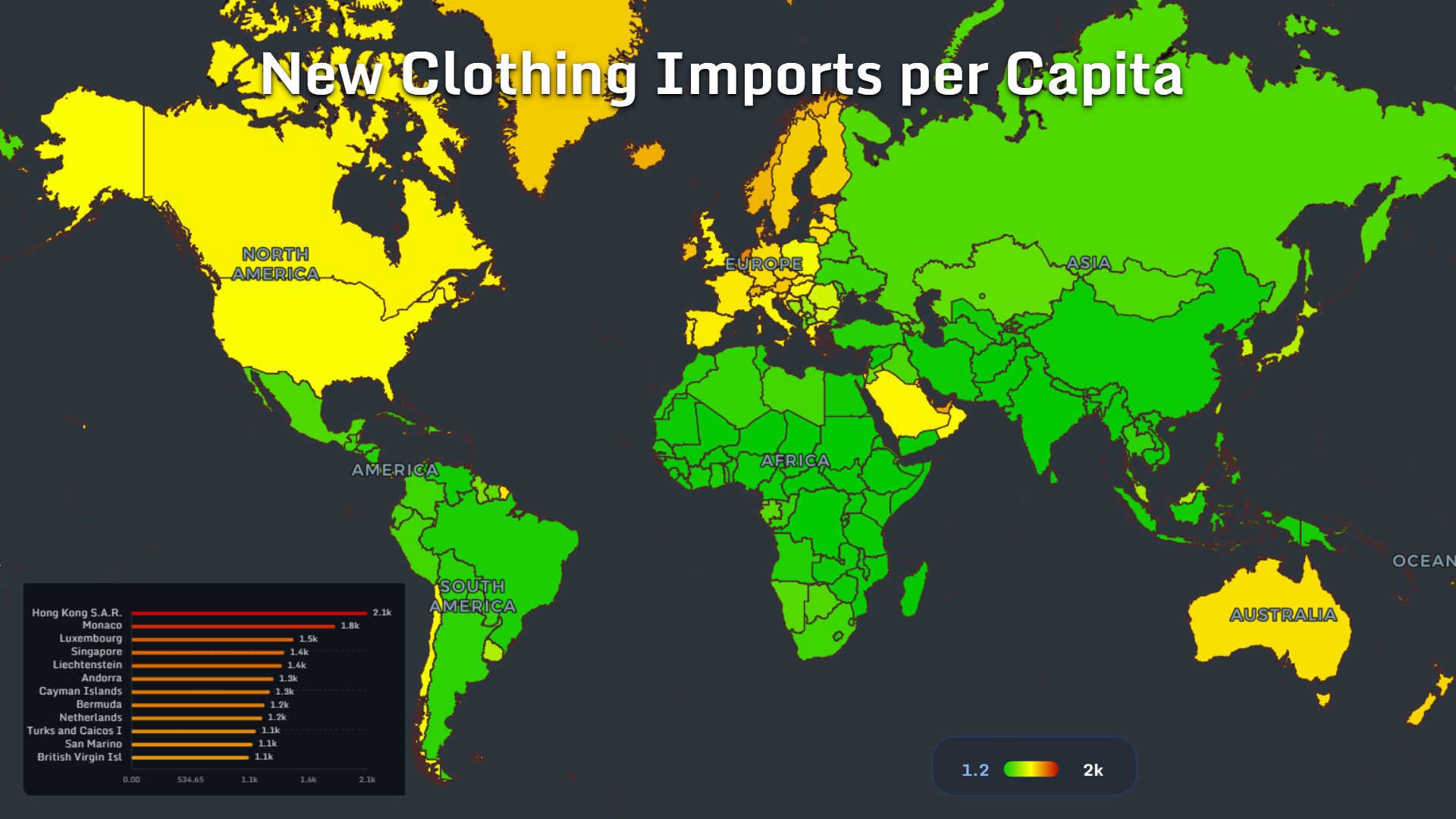 World map showing new clothing imports per capita by country and territory