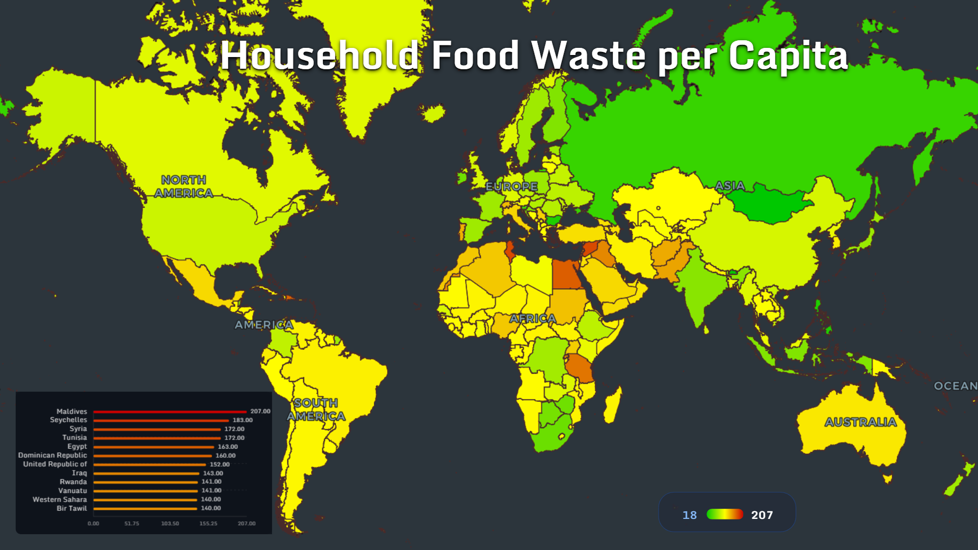 World map showing household food waste per capita by country