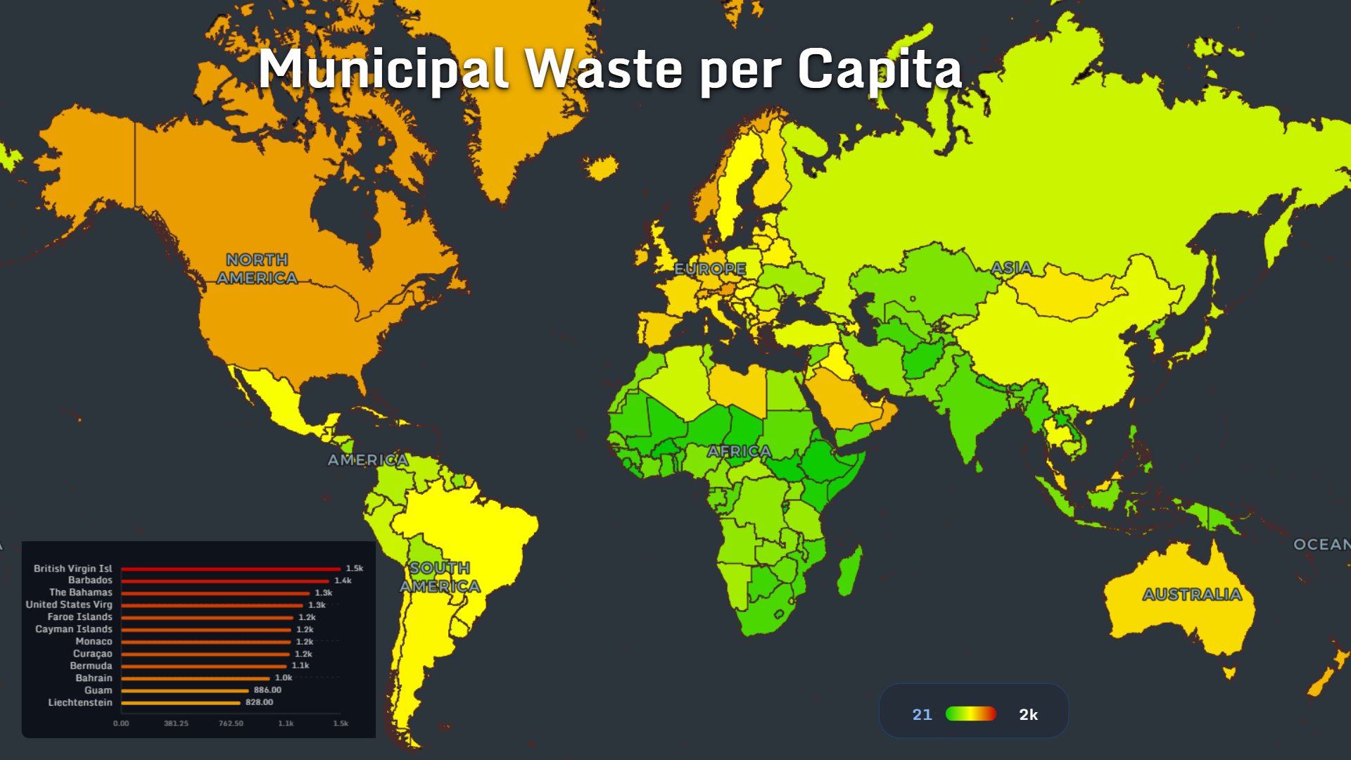 World map showing municipal waste per capita by country and territory