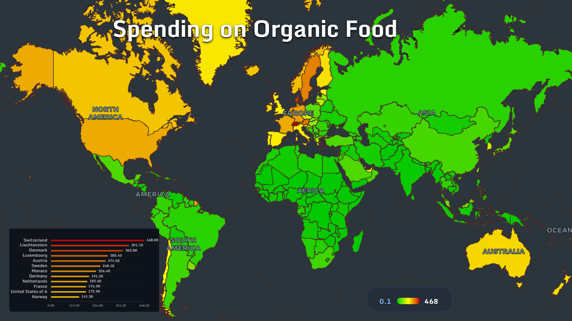 World map showing spending on organic food by country
