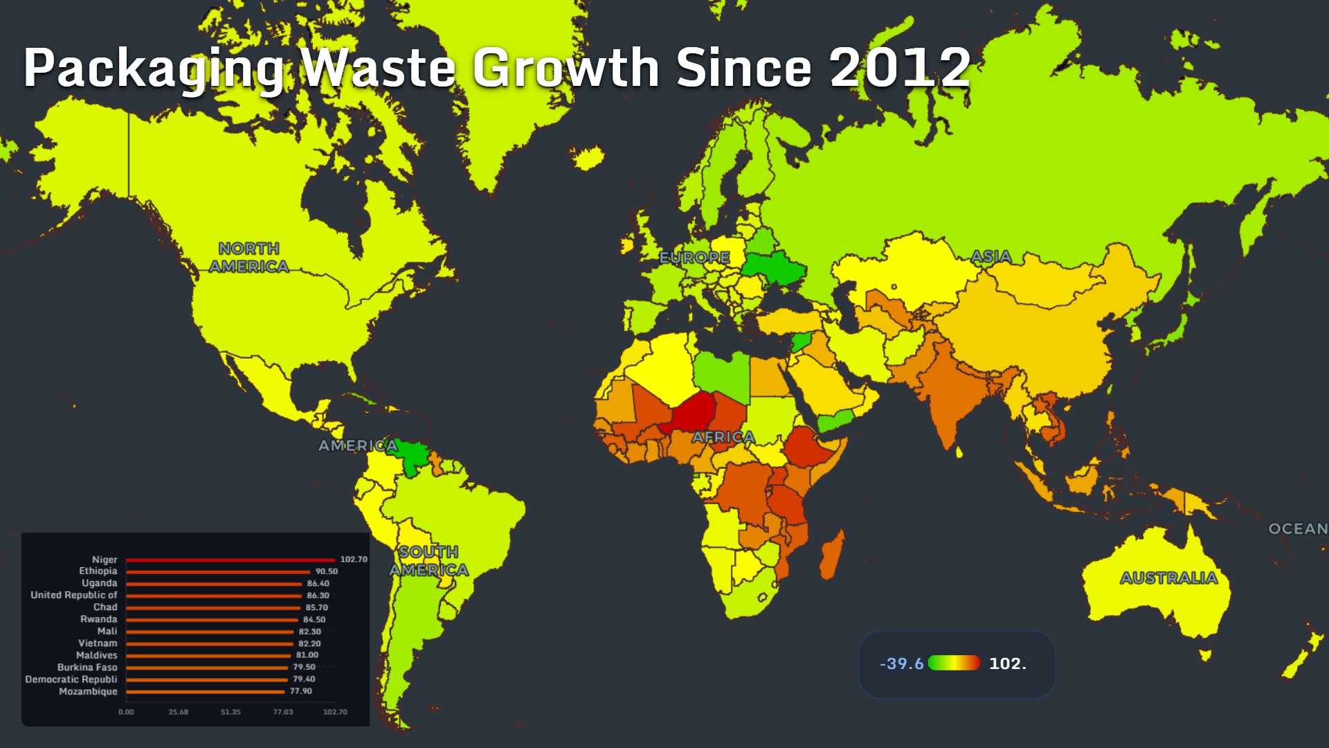 World map showing packaging waste growth since 2012 by country