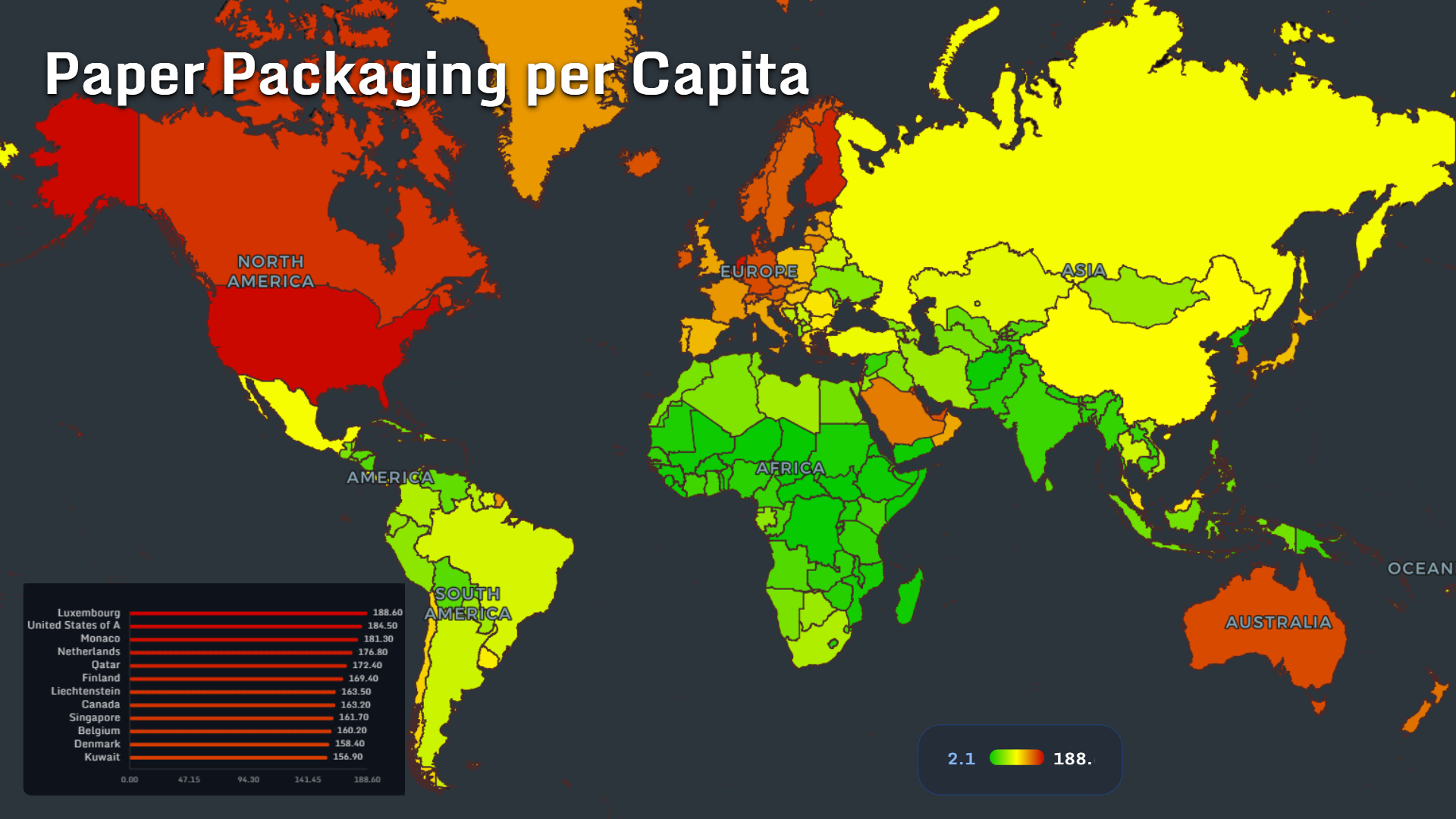 World map showing paper packaging per capita by country