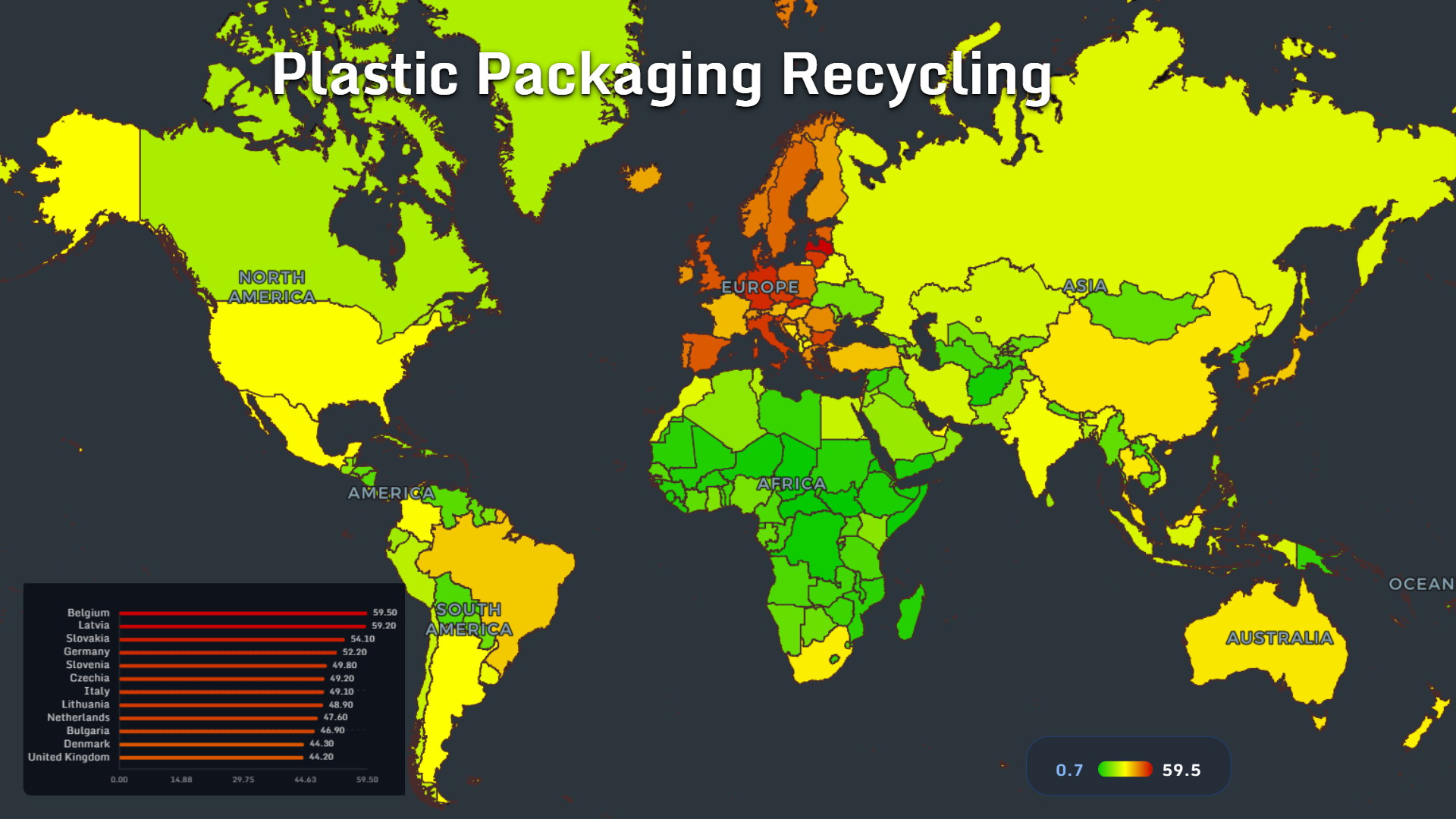 World map showing plastic packaging recycling rates by country