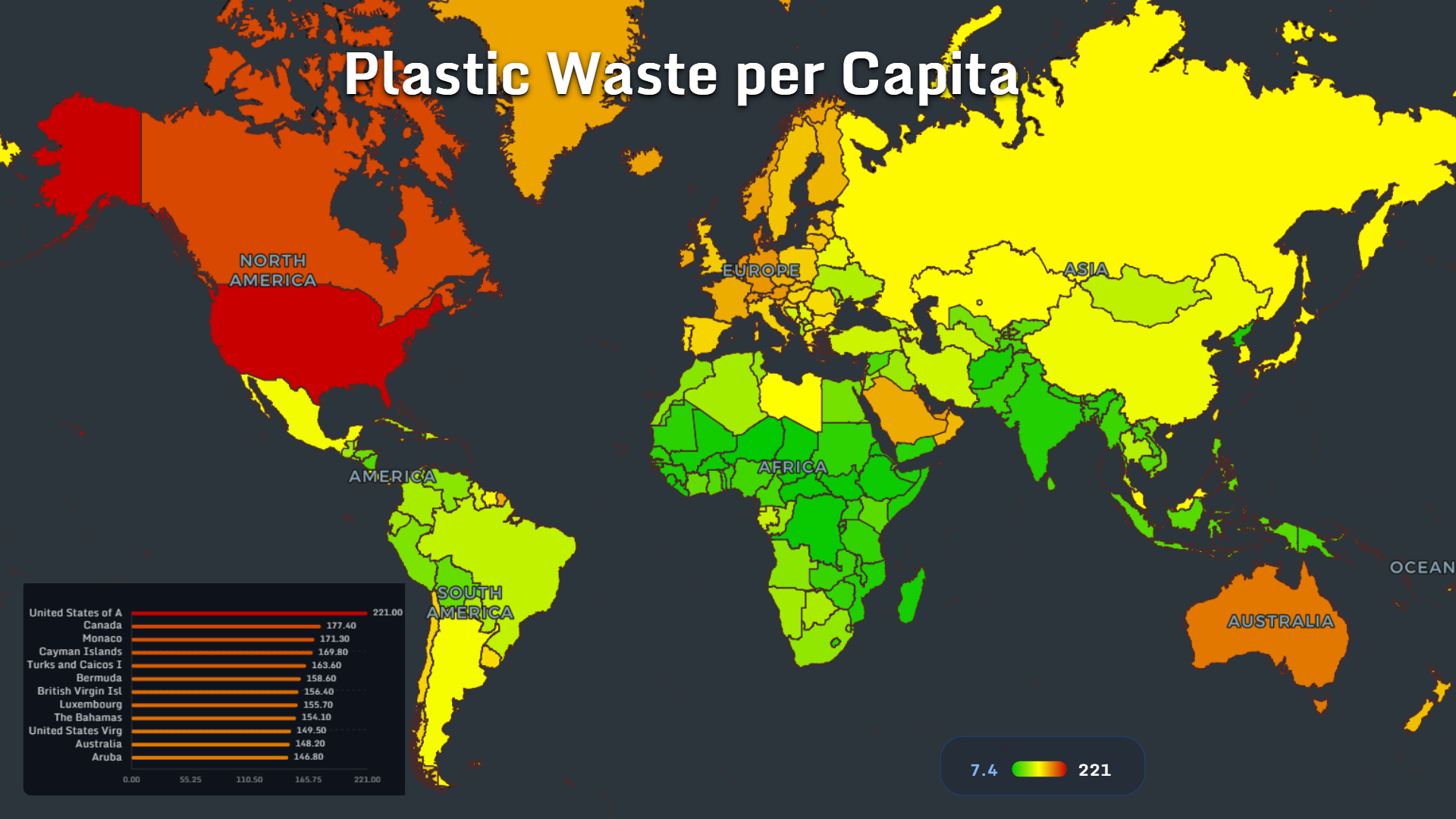 World map showing plastic waste per capita by country
